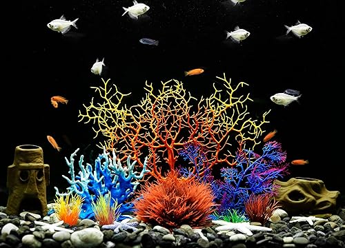 Vista 11 de MyLifeUNIT Plantas de acuario, paquete de 7 adornos artificiales de coral para decoraciones de peceras (blanco)