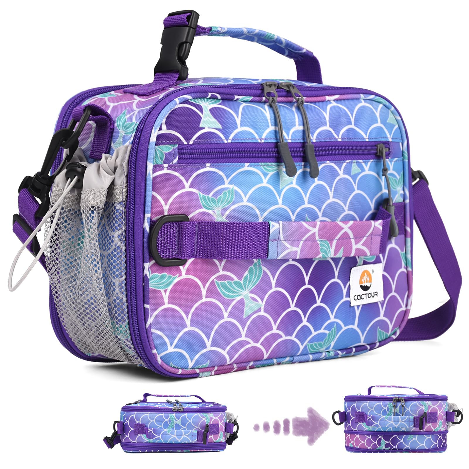 Lunch Box Kids, Expandable Insulated Lunchbox for Girls Boys, Soft Cooler Bag with Strap,Back to School Thermal Reusable Lunch Bag for Work School Picnic (Mermaid)