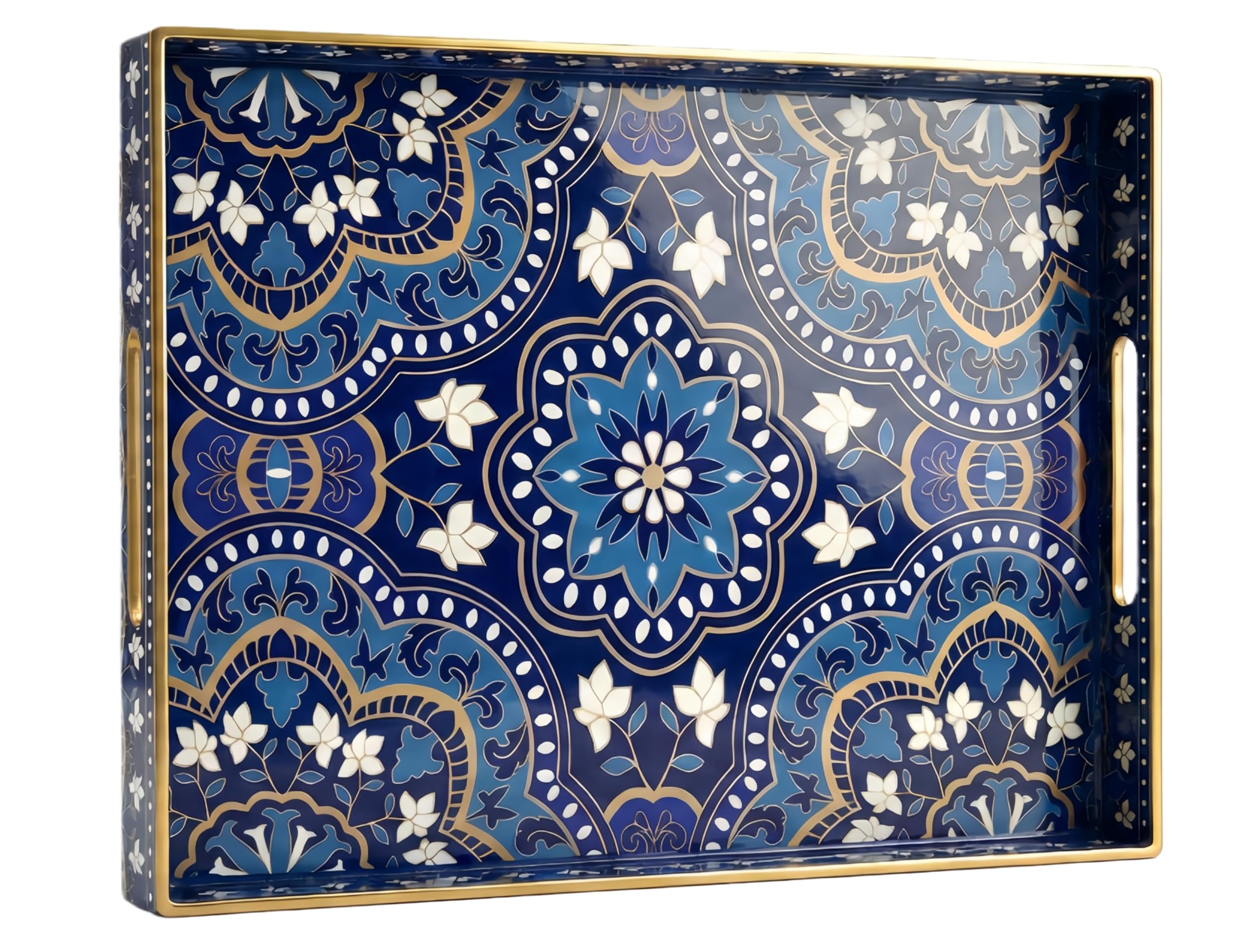 Simmer Stone Rectangular - Plastic Decorative Tray with Handles Modern Vanity Serving For Ottoman, Coffee Table, Kitchen And Bathroom 15.7 x 11.8 Inch (Blue)