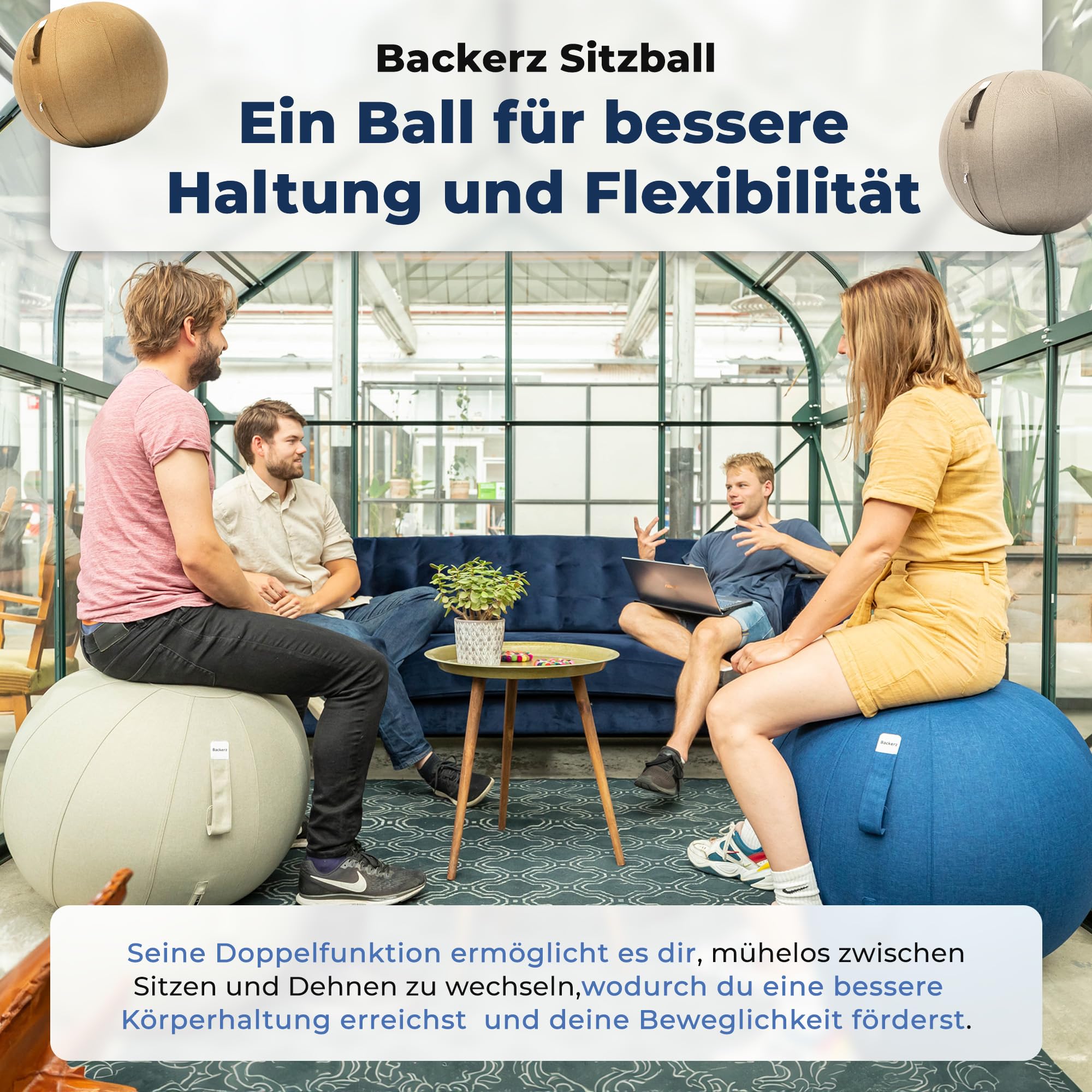 Backerz Sitzball 75 cm - Ergonomische Sitzmöbel für Büro und Heimbüro - Langlebiger Stoff, Gymnastikball - Fitness-Ball, Ballstuhl mit Ballauflage - Waschbarer Leinenbezug - Dunkelgrau
