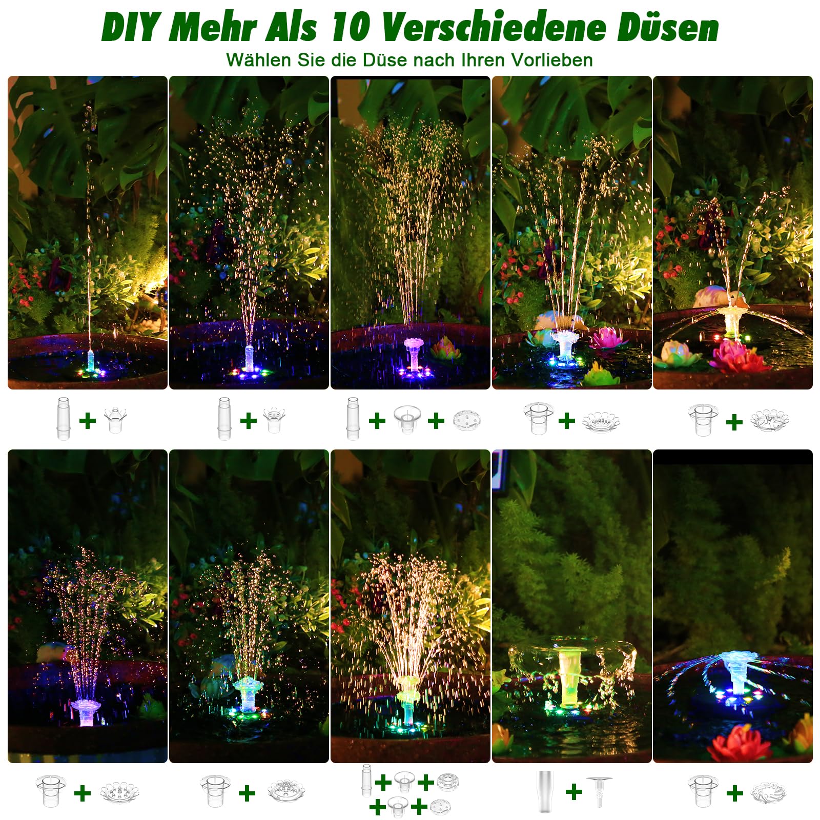 10W LED Fontana Solare per esterni, Pompa Solare per Laghetto fai da | Fontana Solare con Telecomando, pali e Batteria, 21 Effetti, Pompa Solare per Giardino, Abbeveratoio per Uccelli