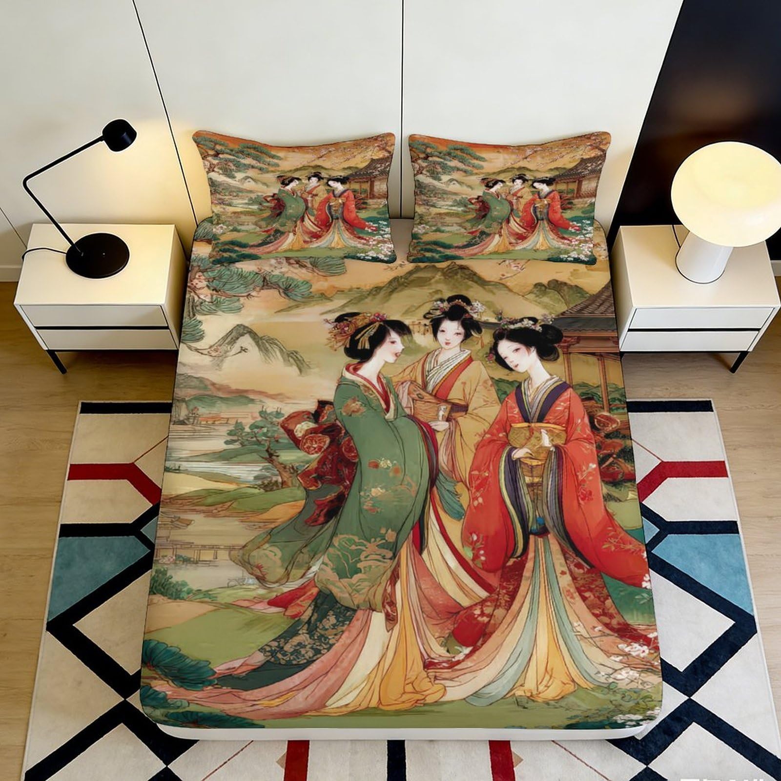 3D Printed Oriental Beauty Fitted Sheet Microfiber Decorative Ancient Landscape Bed Cover for Bedroom Dorm Mattress Protection Decor 90x200x25cm