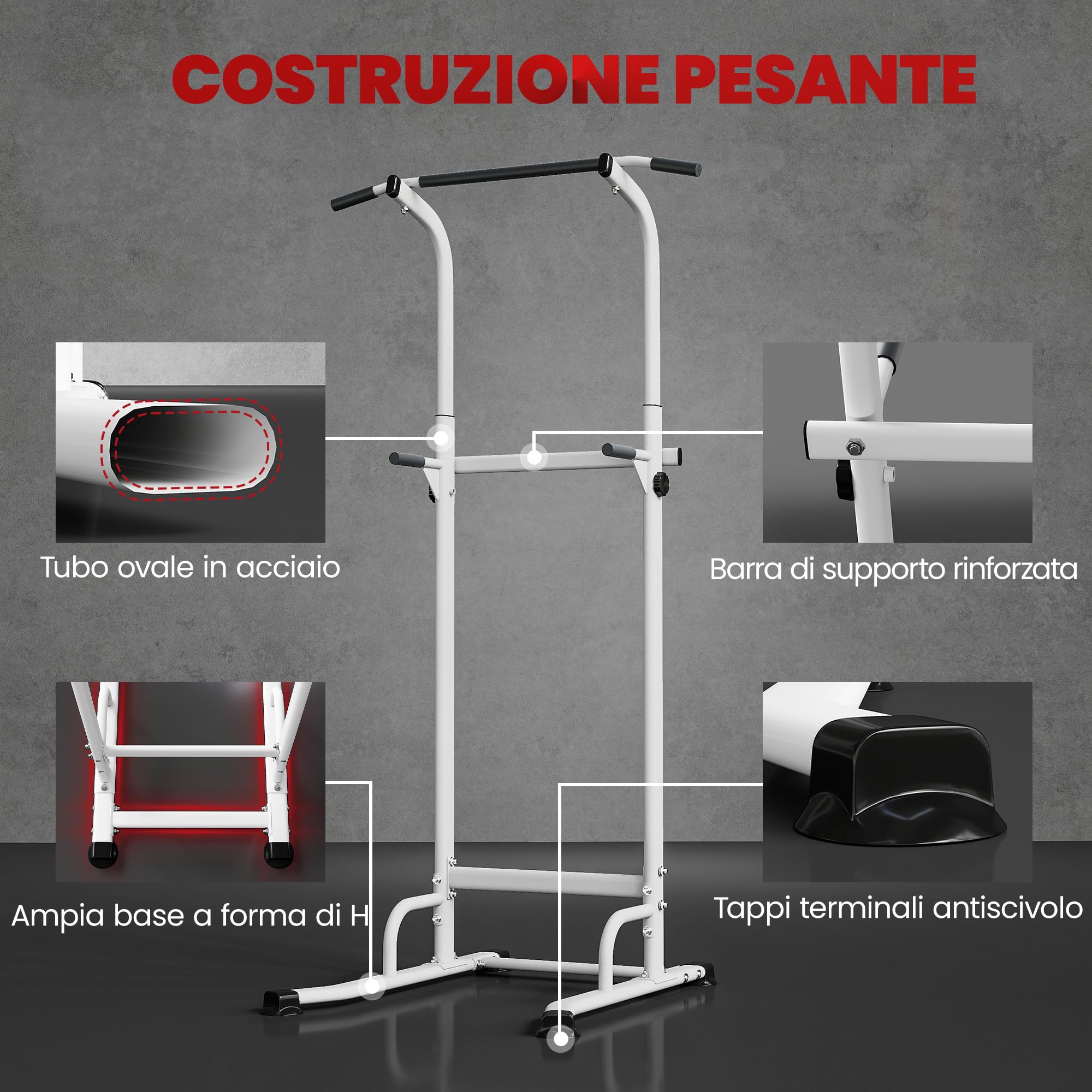 SPORTNOW Power Tower con Barre per Dip e Trazioni, Power Tower Multifunzione con Altezza Regolabile 176.5-227 cm, Struttura in Acciaio per Allenamento a Casa Palestra, Capacità 120 kg