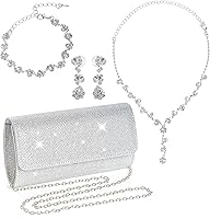Rbenxia 4-Piece Silver Rhinestone Jewelry Set with Bling Clutch Purse - Necklace, Earrings, Bracelet for Wedding, Party, Bride