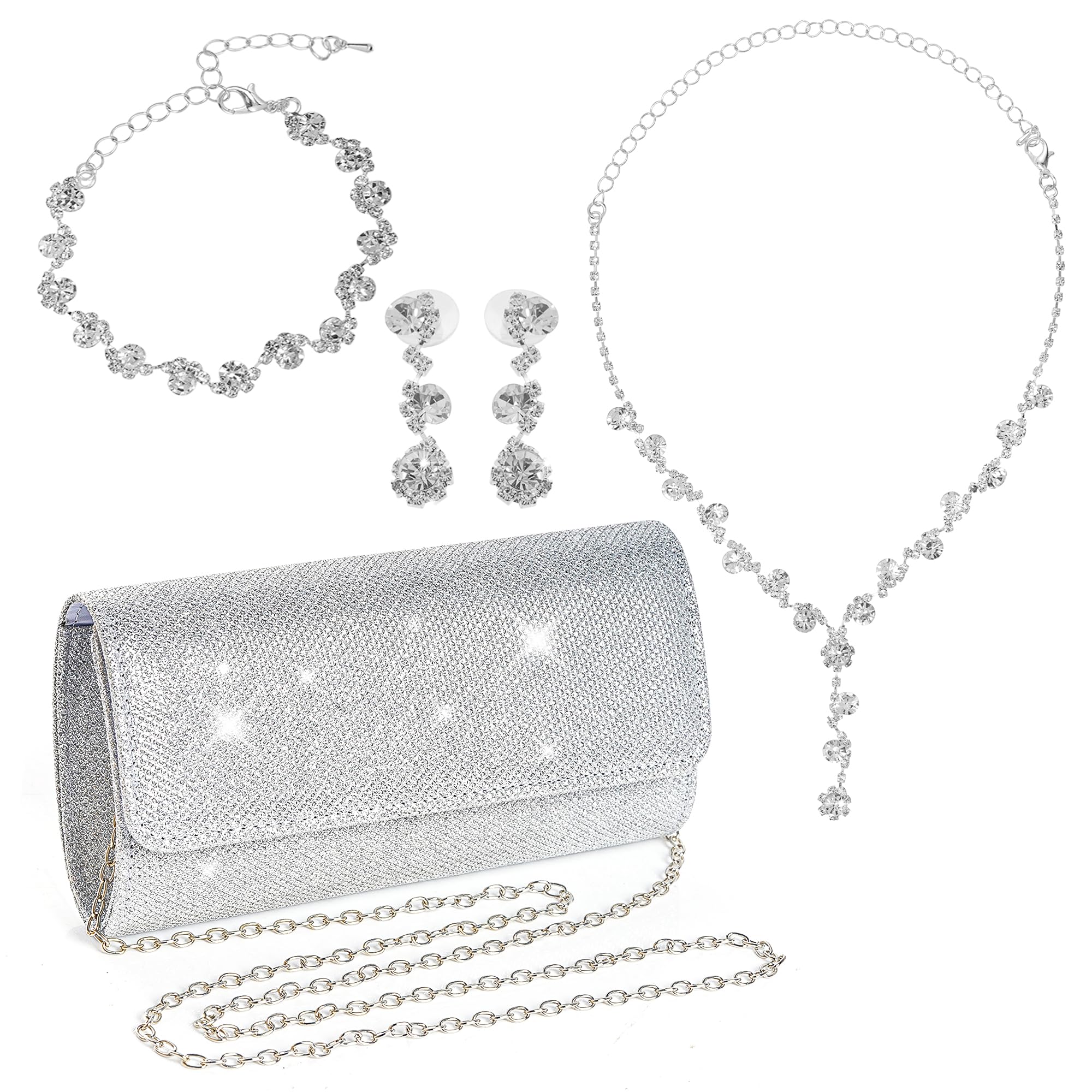 Photo 1 of Rbenxia 4 Pieces Women Evening Rhinestone Jewelry Set Bling Glitter Silver Clutch Purse Necklace Earrings Bracelets for Women Bride Wedding Evening Party