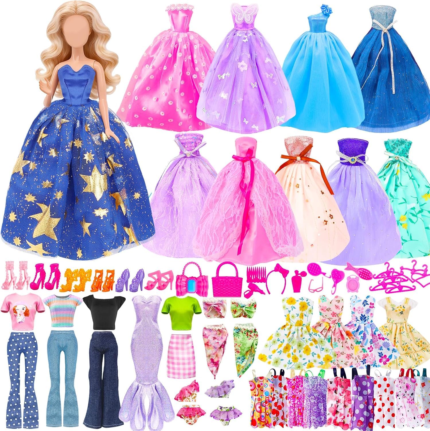 75 Pcs Doll Clothes & Accessories Set for 11.5 Inch Dolls, Includes Party Dresses Mermaid Gown Tops Pants Swimsuit Handbags Shoes Jewelry Accessories Random Style