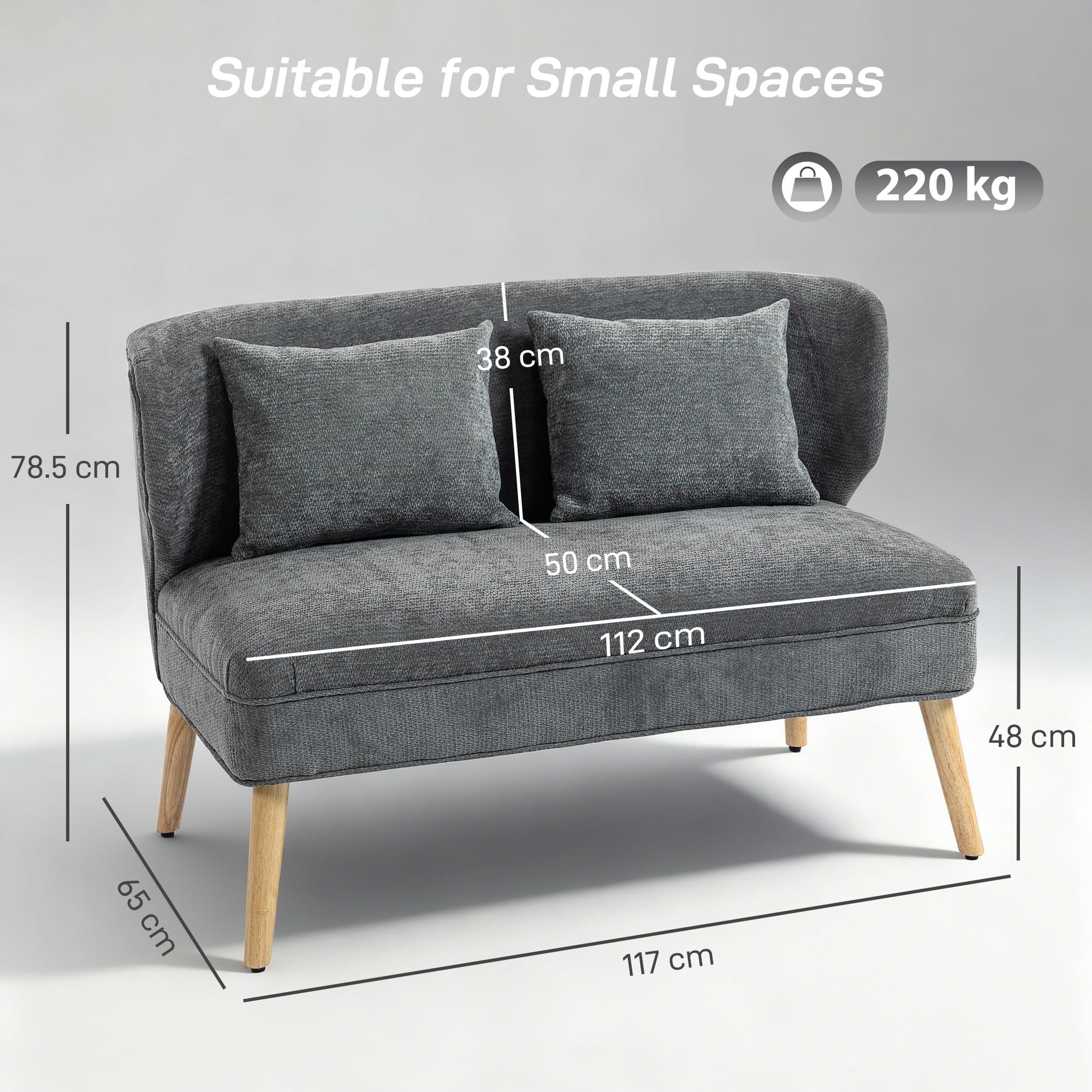 HOMCOM Divano 2 Posti in Ciniglia, Seduta Ampia, 117 x 65 x 78.5 cm, Grigio