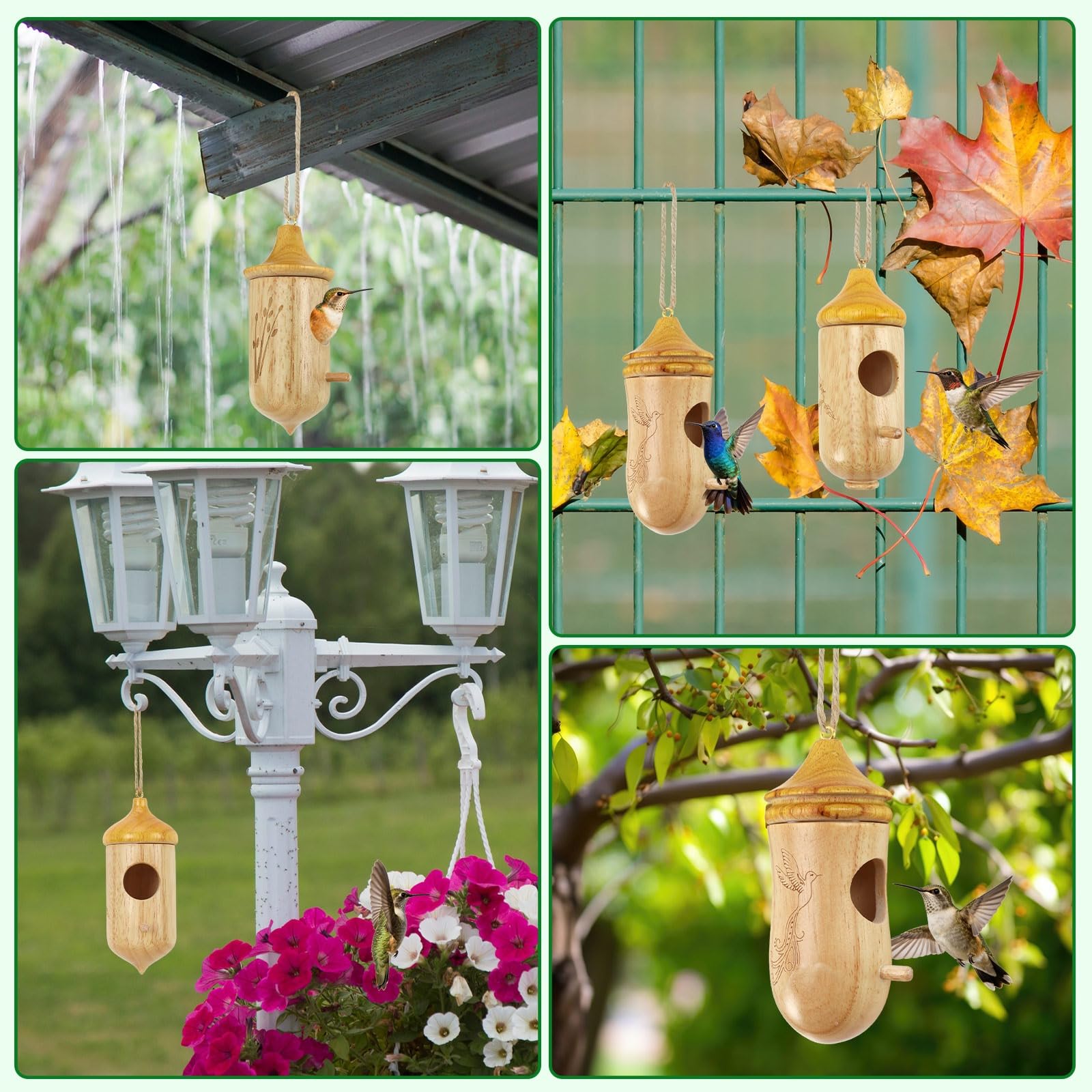 NOVWANG 4 PCS Hummingbird House Solid Wood with Hemp Rope, Outdoor Hanging Bird Watching House Bird House for Gardening Gifts Home Decoration