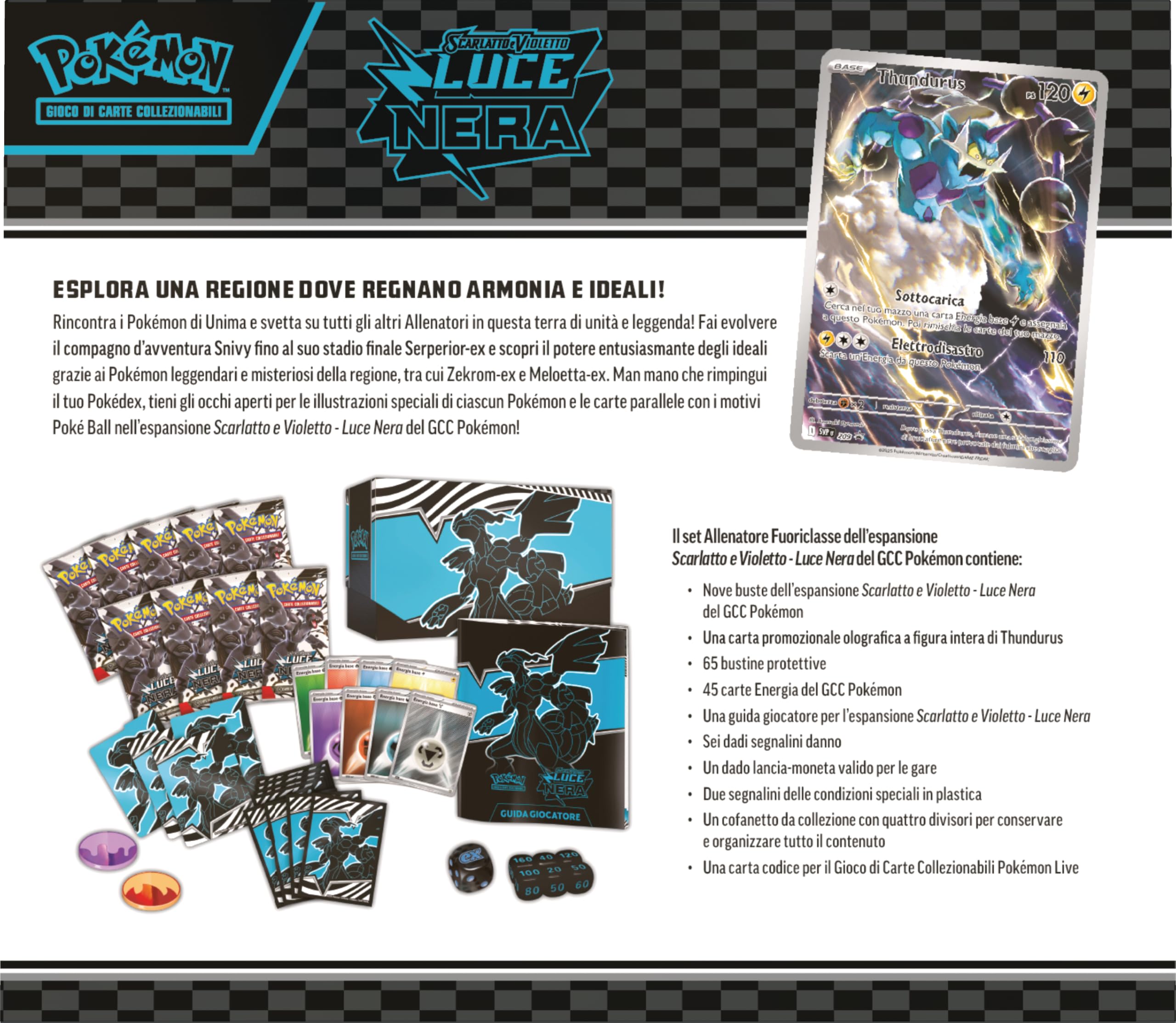 Pokémon: set Allenatore Fuoriclasse (Zekrom) dell’espansione Scarlatto e Violetto - Luce Nera del GCC Pokémon (una carta a figura intera di Thundurus, nove buste di espansione e accessori premium)