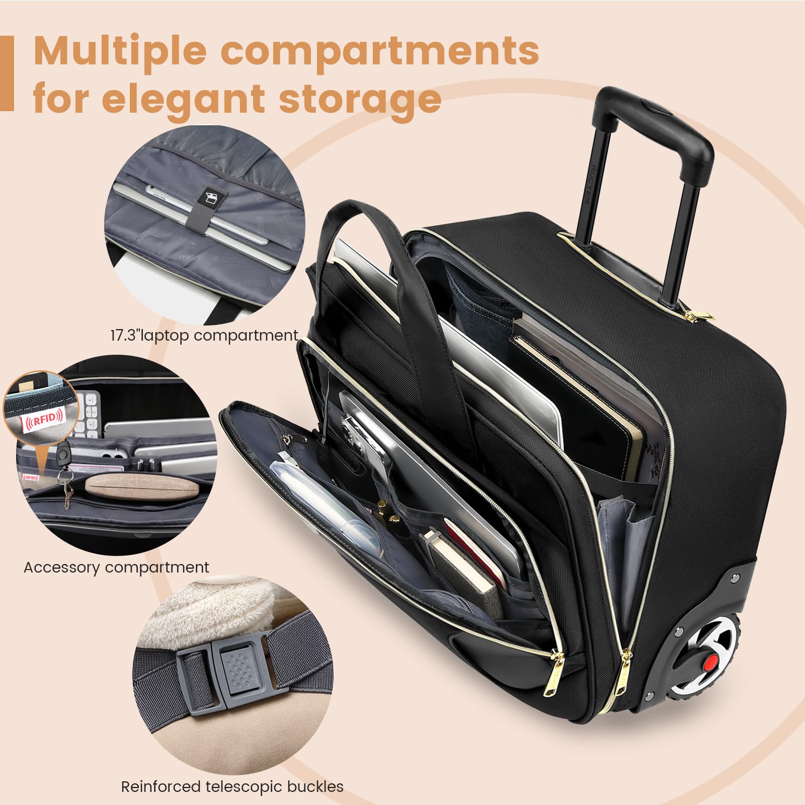 RUCYEN Maletín con ruedas para laptop, maletín con ruedas para hombres y mujeres, maletín para laptop con ruedas, bolsa de transporte para viajes de negocios, Cremallera negra y dorada, 17.3 inch
