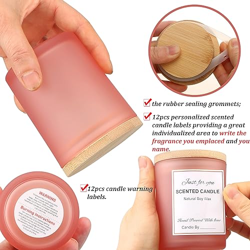 Miniatura 4 de MILIVIXAY Paquete de 12 tarros de vela de vidrio rosa mate de 12 onzas con tapas y kits de fabricación de velas, tarros de velas vacíos a granel