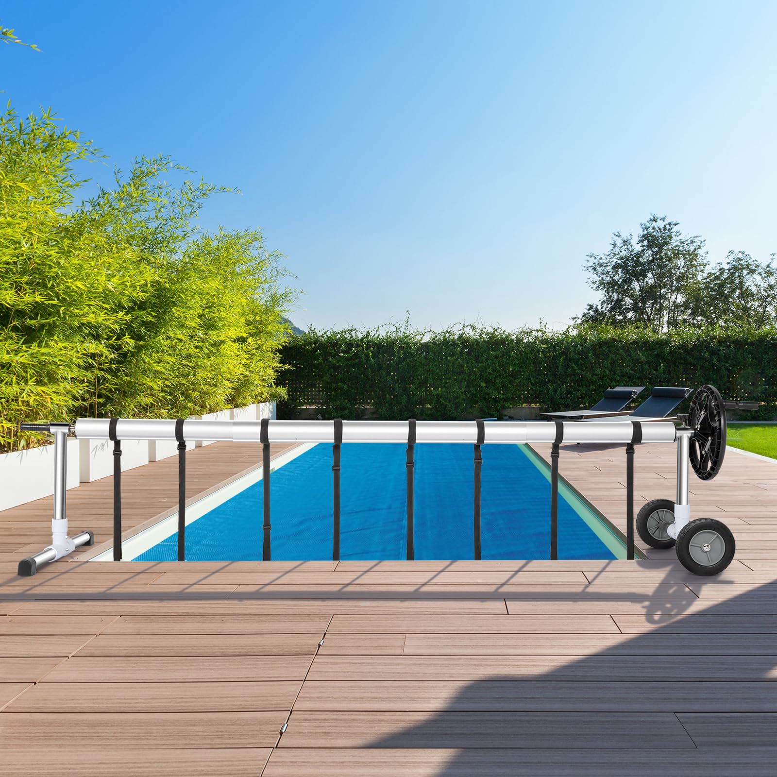 Bonnlo Enrouleur de Bâche de Piscine Système d'enroulement 3,6 m-5,5 m Structure Télescopique Charge de 60 kg Poids Léger de 14,2 kg avec Roues et Sangles Velcro Différents Formes de Piscines Noir