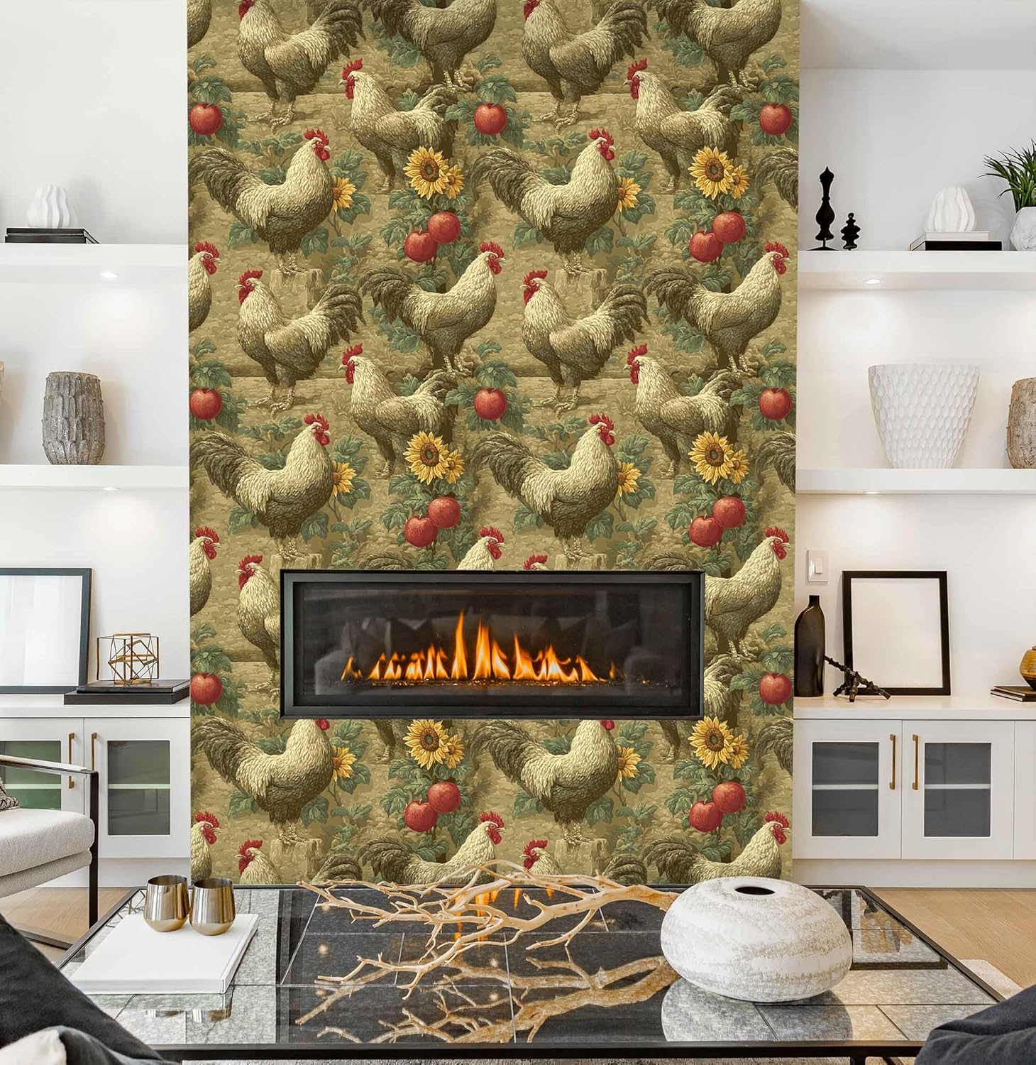 Vintage Farmhouse Rooster Peel and Stick Wallpaper, Rustic Country Self-Adhesive Vinyl Wallpaper for Home Decor – Sunflower & Apple Pattern, 17.7" x 236"