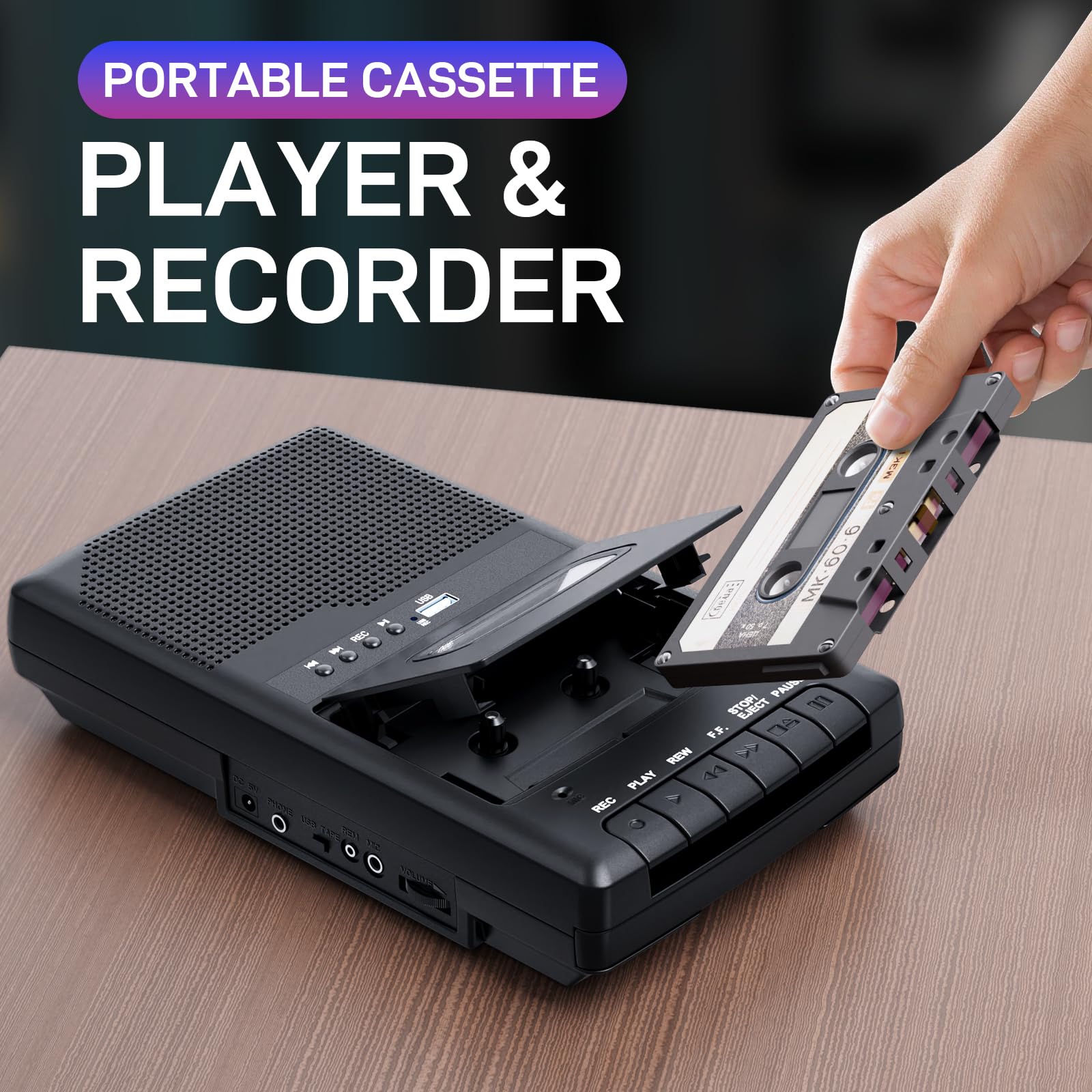 Grabador de Cassette, Reproductor de casetes móvil y digitalizador USB,con Altavoz y micrófono,Mango Extensible, Auriculares