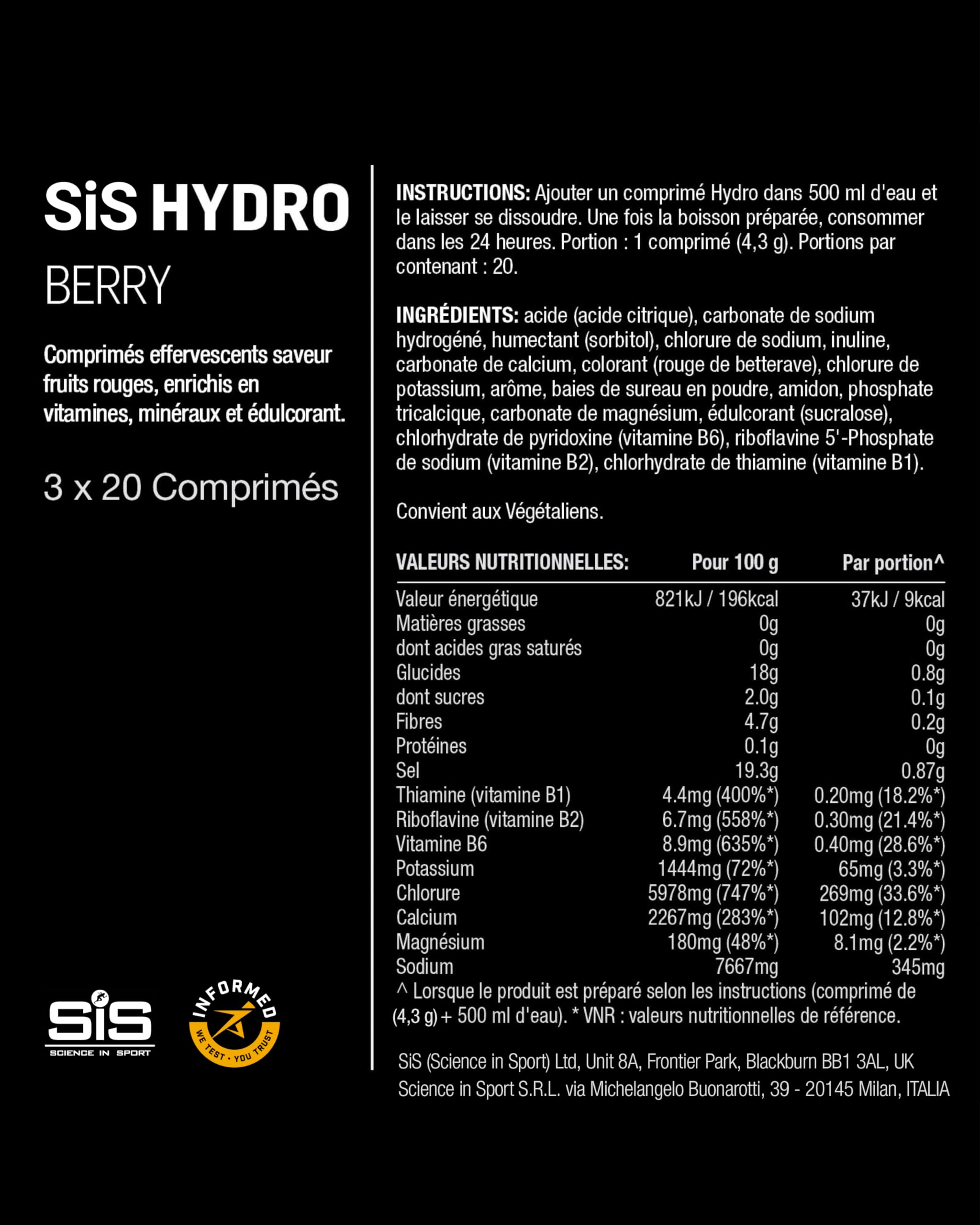 Science in Sport HYDRO Comprimés 3 x 20 pcs Fruits rouges - Comprimés électrolytes, vegan, comprimés effervescents pour équilibre électrolytique (emballage peut varier)