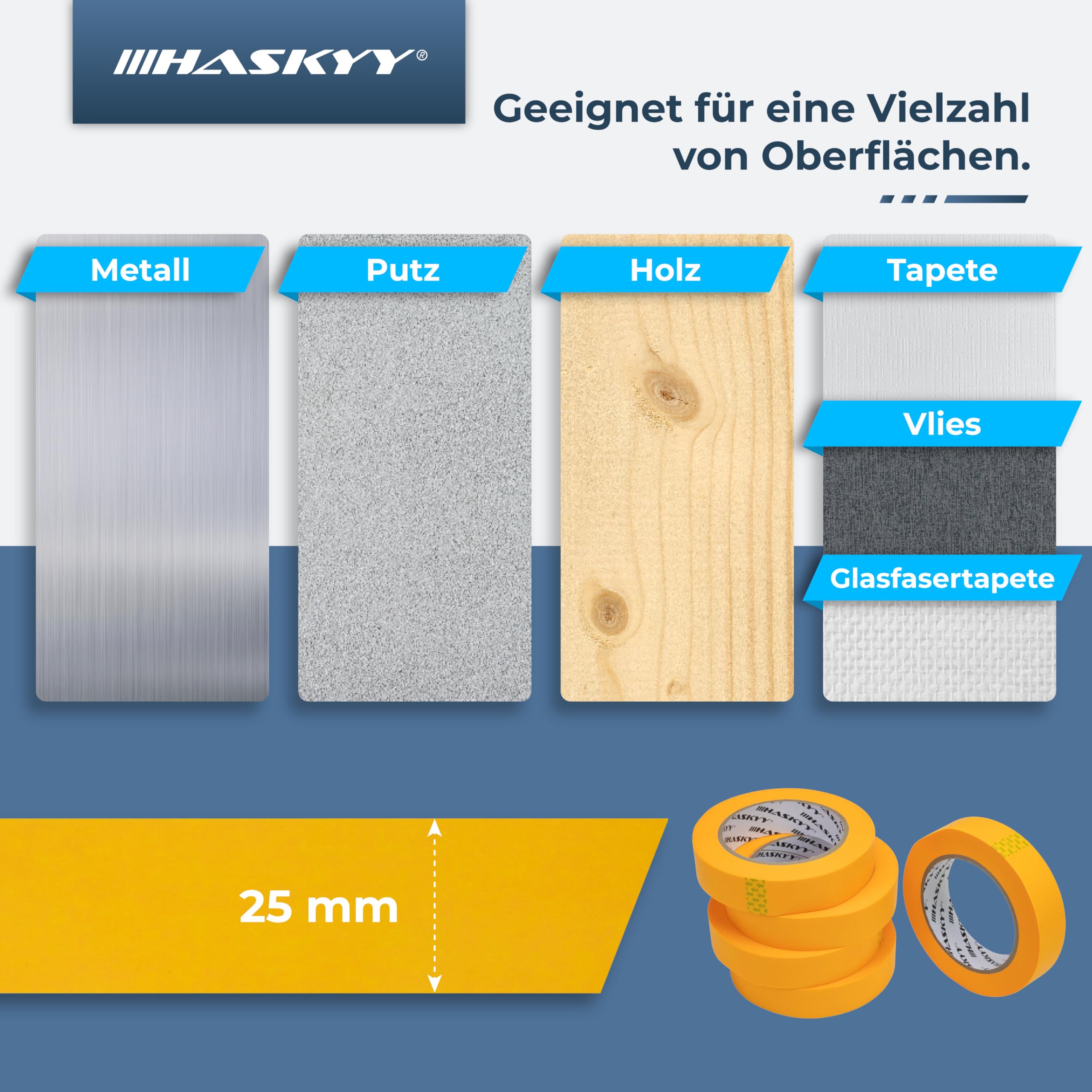 HASKYY Goldband Malerkrepp Kreppband 5x Malerband 25mm x 50m Profi Abdeckband Malertape Klebeband Washi Tape Gold Papiertape Selbstklebend