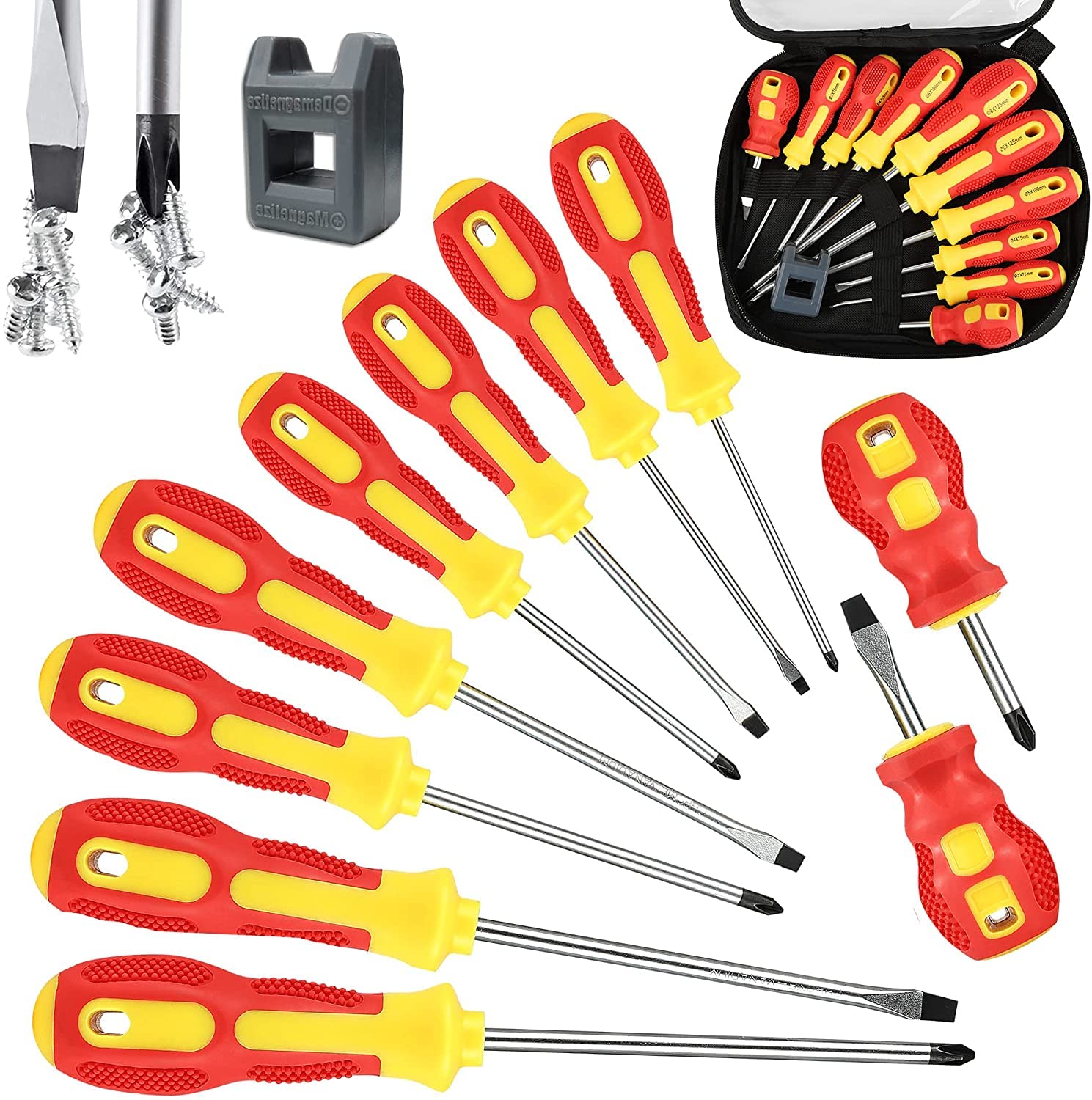 Magnetic Screwdriver Set 10 PCS,5 Phillips and 5 Flat Head Precision Screwdriver,Professional Cushion Grip and Non-Slip for Repair Home Improvement Craft (Red)