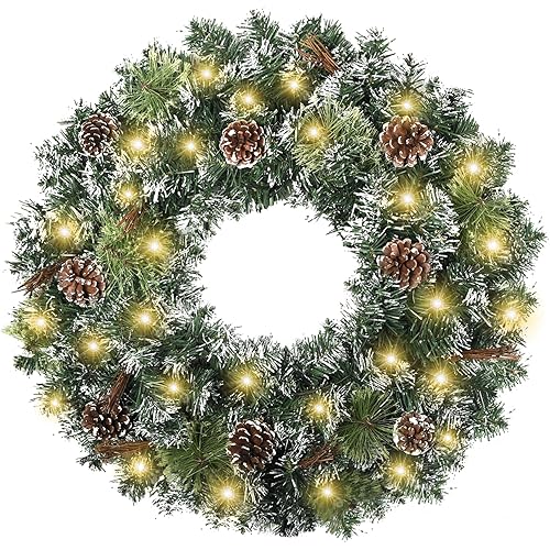 Christmas Wreath for Front Door Wreath, 24 Inch Christmas Door Wreath with LED Lights, Pine Cones and Pine Needles for Outdoor Front Door, Wall and Window Decor