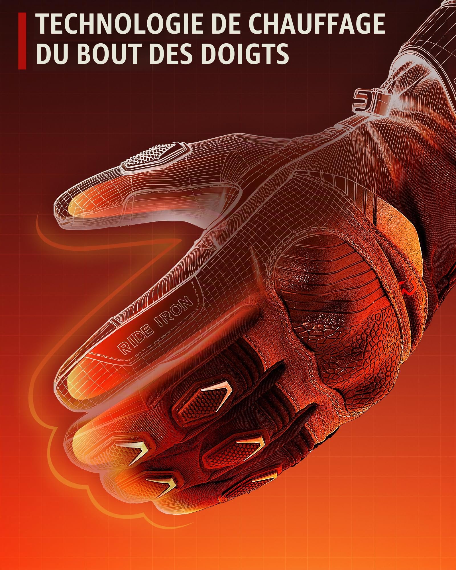 RIDEIRON Gants Moto Chauffants, CE Niveau 1 KP, Écran Tactile | Chauffage jusqu'au bout des doigts, 3 niveaux, mode intelligent, batterie rechargeable 7,4 V, imperméables, modèle : MG7501H