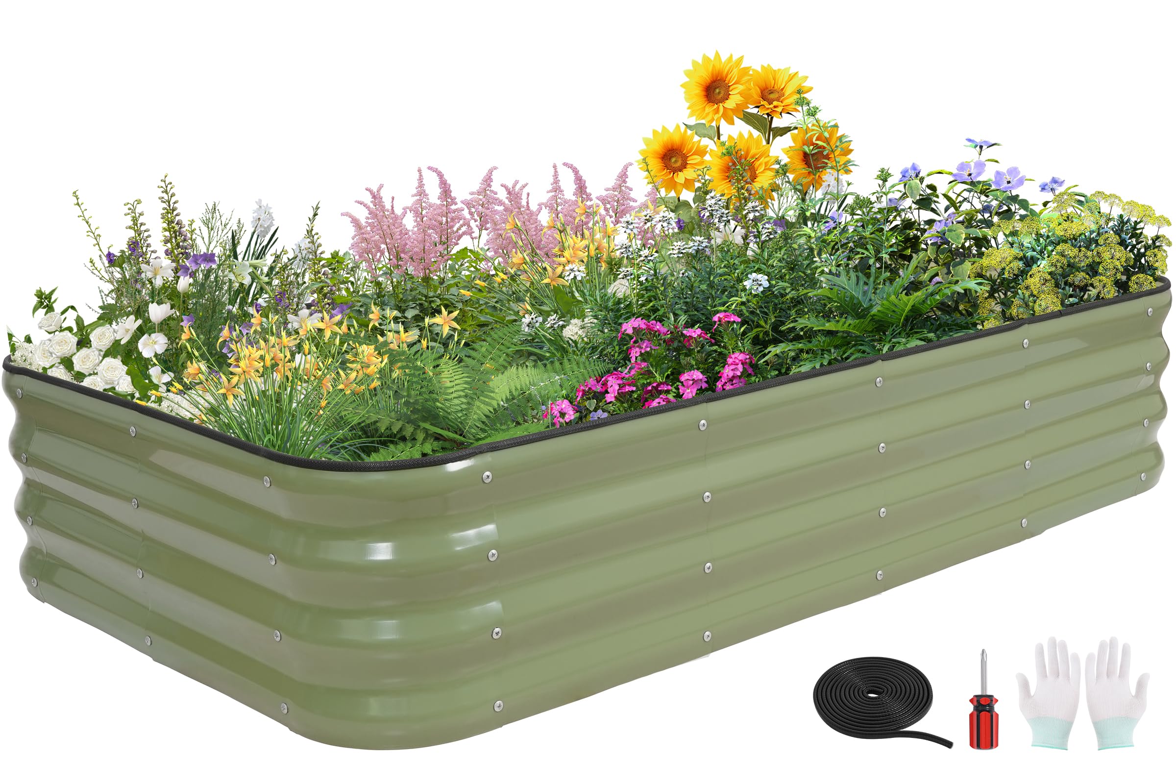 4-in-1 Modular Raised Garden Bed Kit - Adjustable Sizes (5x3x1ft, 4x4x1ft, 6x2x1ft, 7x1x1ft) - Heavy Duty Galvanized Steel Planter Box with Bracing Rods & Gloves for Vegetables, Fruits