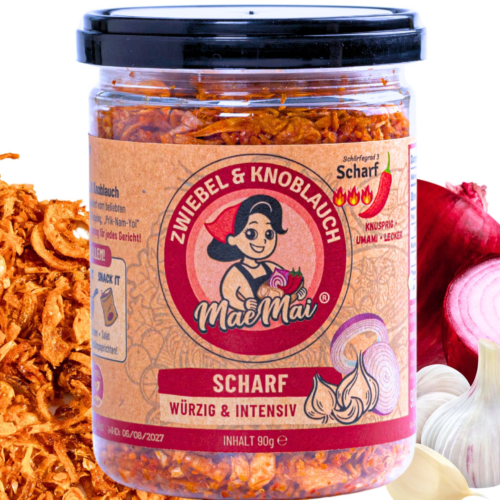 MaeMai Chili Crunch Würze Röstzwiebeln & Knoblauch – Knusper Scharfes Umami Topping aus Thailand | Vegan, Glutenfrei, Ohne Zusatzstoffe | Perfekt für Reis, Nudeln, Salate, Burger & Hotdogs, Scharf