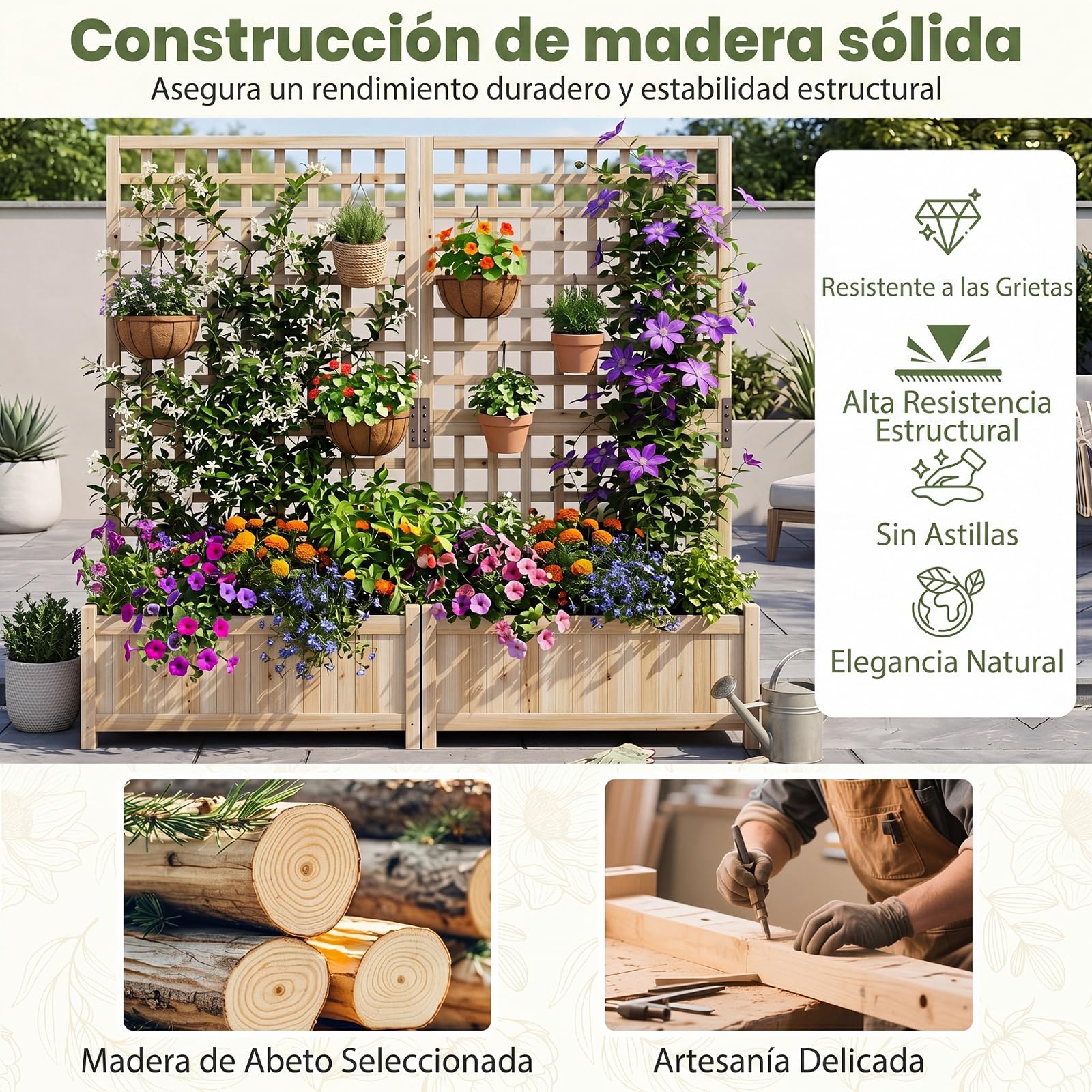 COSTWAY Jardinera Elevada con Enrejado, Macetero con Soporte para Trepadoras, Marco de de Madera de Abeto, Agujeros de Drenaje, Huerto Urbano Exterior Grande para Terraza Balcón Patio (Natural)