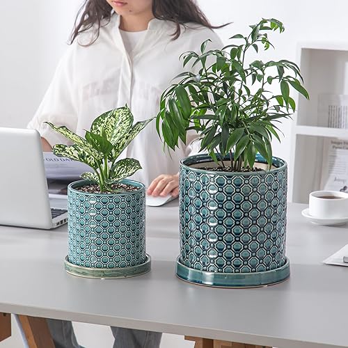 Miniatura 7 de Maceta de cerámica de 6 pulgadas maceta de cerámica con orificio de drenaje y platillo para plantas de interior y exterior, maceta redonda