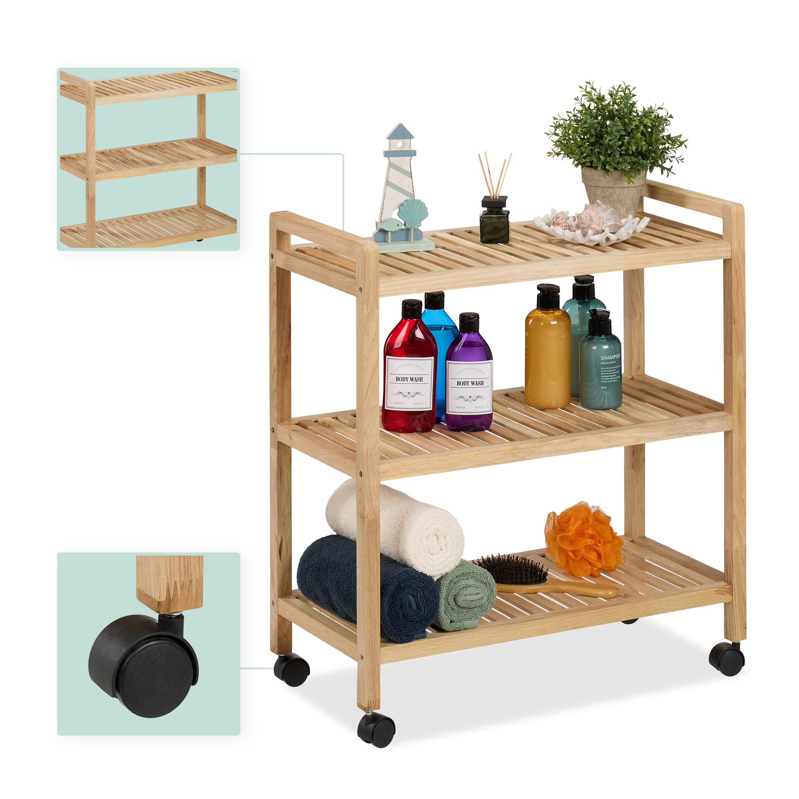Relaxdays Mobile da Bagno con 3 Ripiani, Mobiletto su Ruote, Scaffale in Legno da Cucina, 72x65x31 cm, Marrone Chiaro