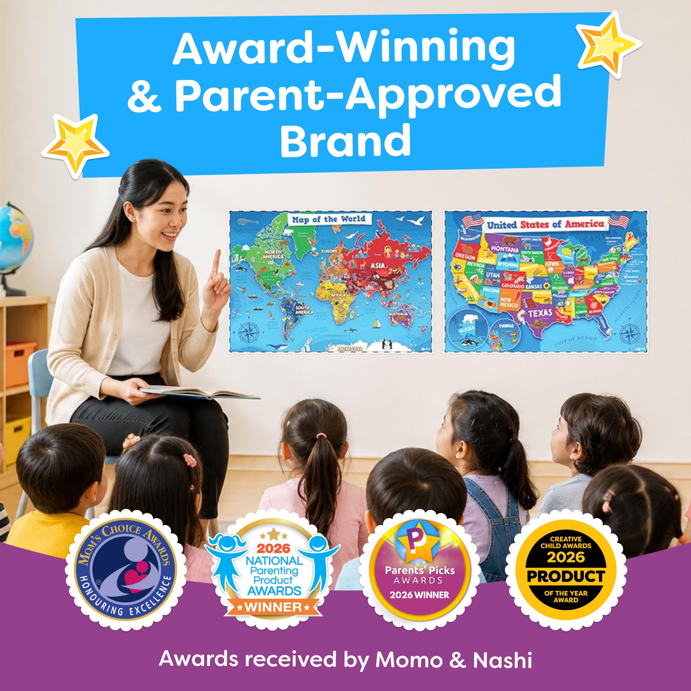Poster USA und Weltkarte für Kinder – 2 Stück – 61 x 45,7 cm laminiert USA & Weltkarte – Kinder US Karten für Wandposter zum Lernen, Klassenzimmer, Bildung, Schulanfang