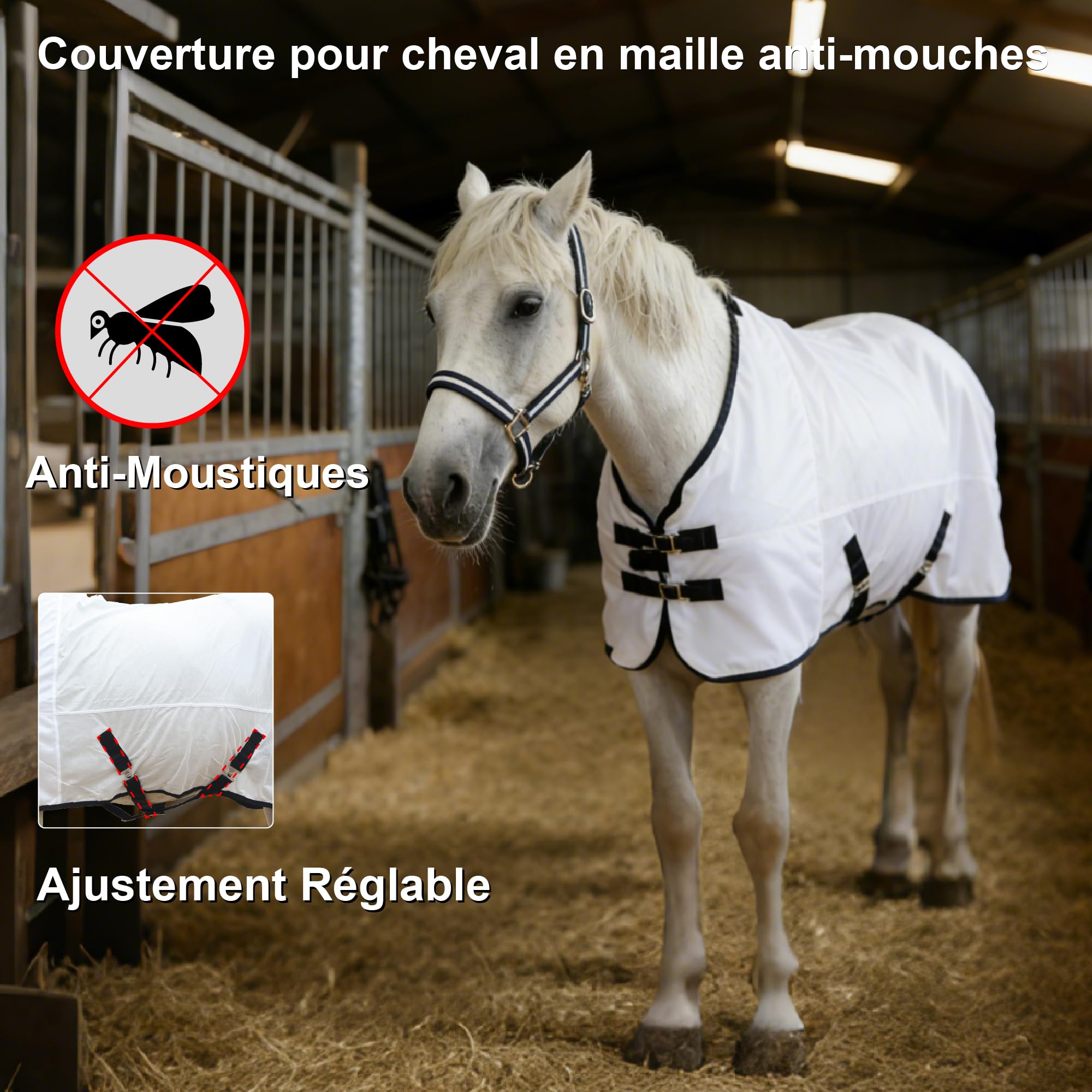 Couverture Anti-Mouches en Maille pour Chevaux, Protection UV, Légère et Respirante, Ajustement Réglable, Encolure Standard, pour l'Été dans Les Paddocks et Les Écuries, Blanc 130cm