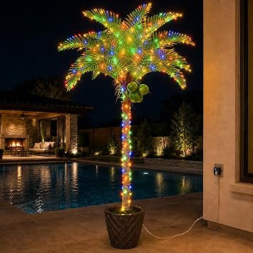 Bellacat 8ft Lighted Palm Tree UV Resistant with Pre-Wrapped Multicolor String Lights & Coconut Fruits, 96in Realistic Light Up Palm Tree Artificial, Faux Palm Coconut Tree for Poolside Patio Decor