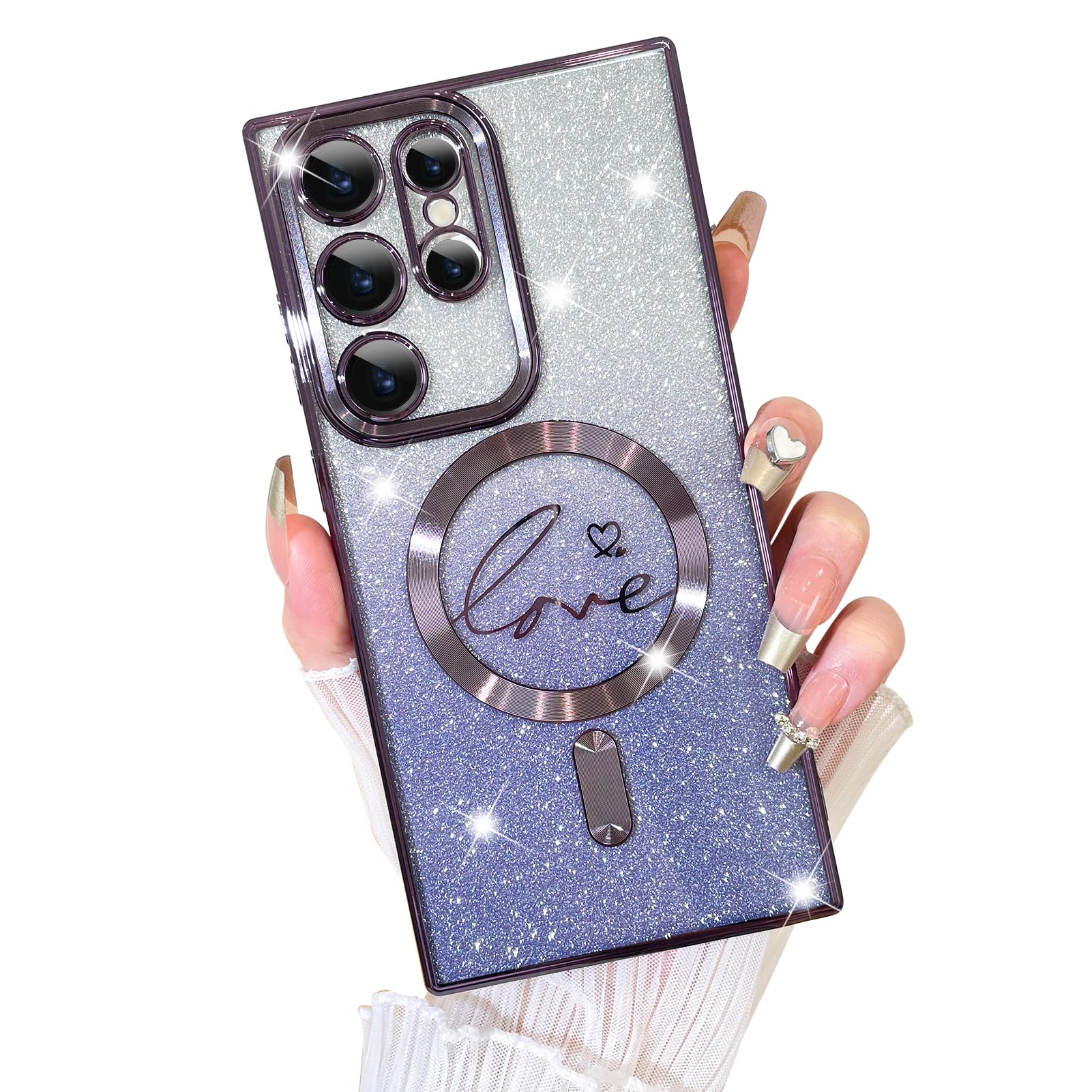 Fiyart Designed for Samsung Galaxy S23 Ultra Case,Compatible with MagSafe Love Heart Plating Camera Protection Clear Glitter Magnetic for Women Girls