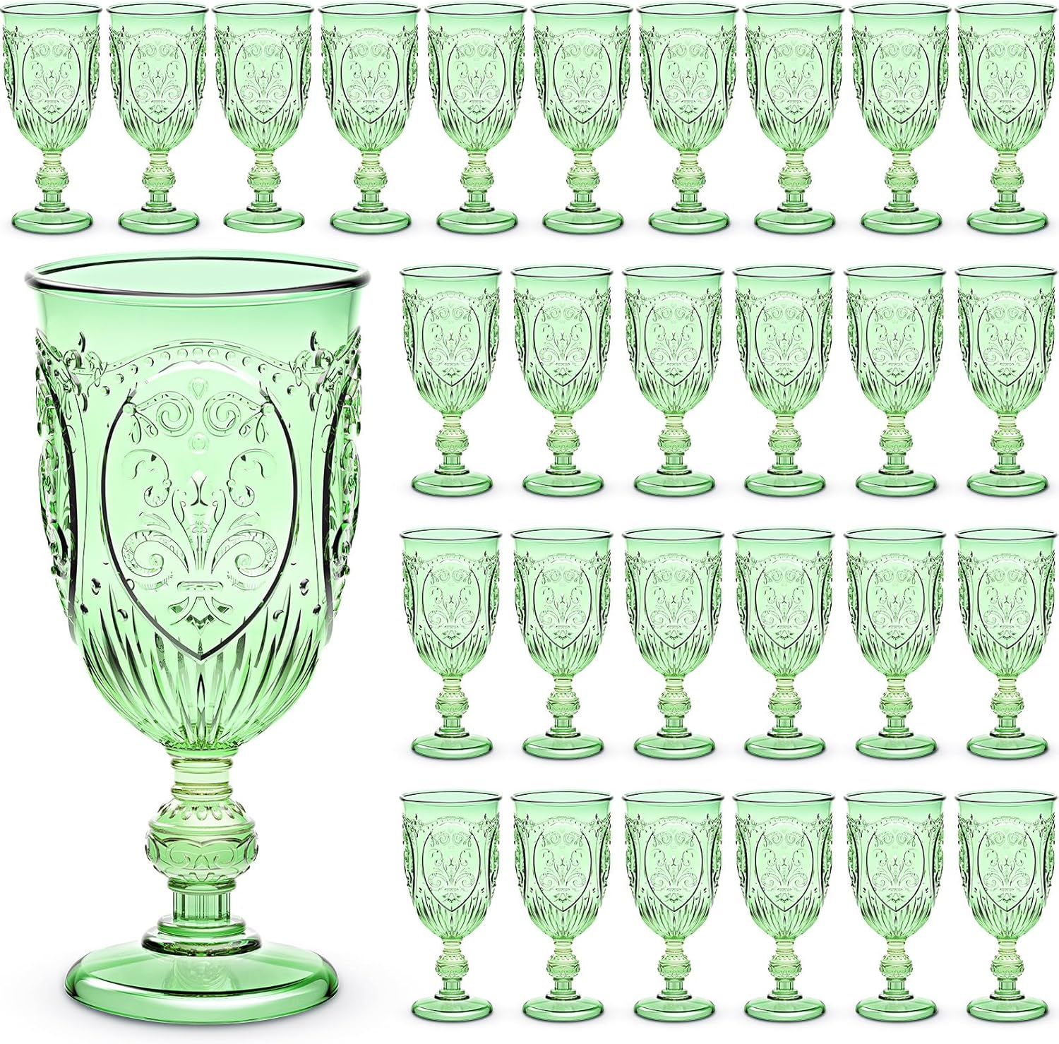 48 Pcs Plastic Goblets 7.5oz Vintage Goblet Plastic Wine Glasses Colored Retro Embossed Water Goblets for Wine Bar Juice Baby Shower Wedding Reception Grand Event Party (Light Green) Light Green 48