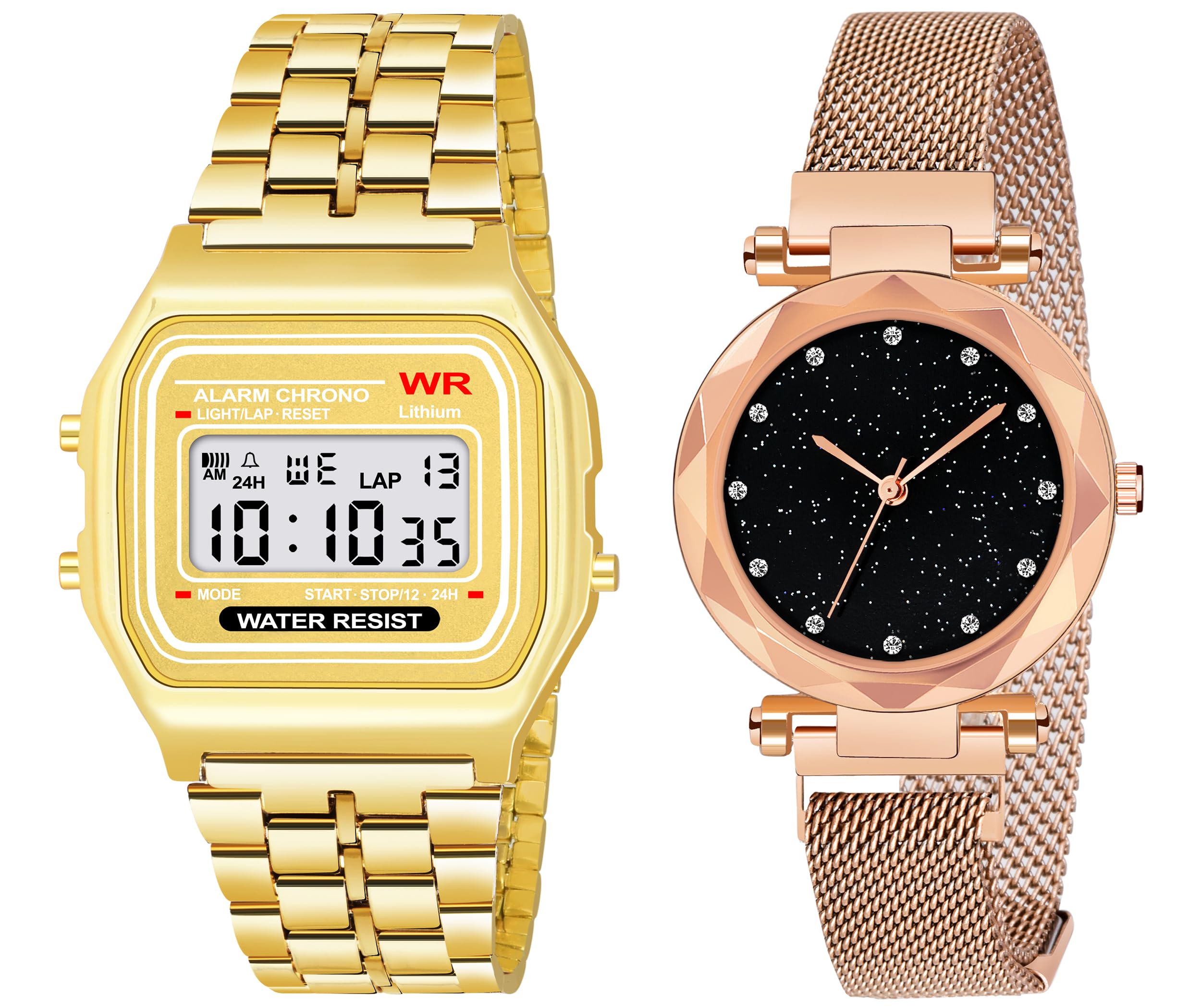 The Shopoholic Analog and Digital Square and Round Dial Stainless Steel Gold Belt Watch with Magnet Belt Fashionable Watch Combo for Girls and Women (B0C8VG8GY4) Amazon Price History, Amazon Price Tracker