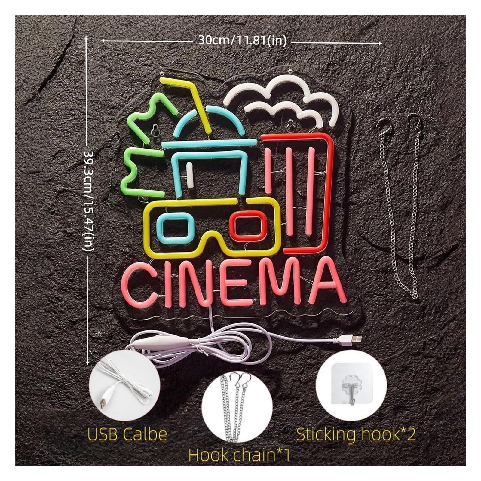 Decoración Lámparas Letrero De Neón CINEMA, Decoración Alimentada Por USB Para Cine En Casa Y Cafetería 30cm/11.81(in)×39.3cm/15.47(in)
