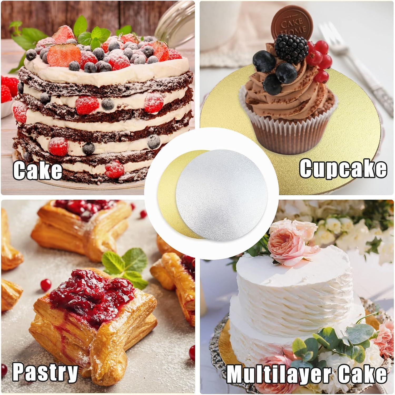 TrendyTrolley 8Pcs Cake Boards, MDF Cardboard -Round Cake Board | 4 Silver- 4 Gold |2 mm Thick | Cake Base Plates Silver & Gold Cake Board | Reusable Cake Base | for Birthday Wedding (8 inch) 2