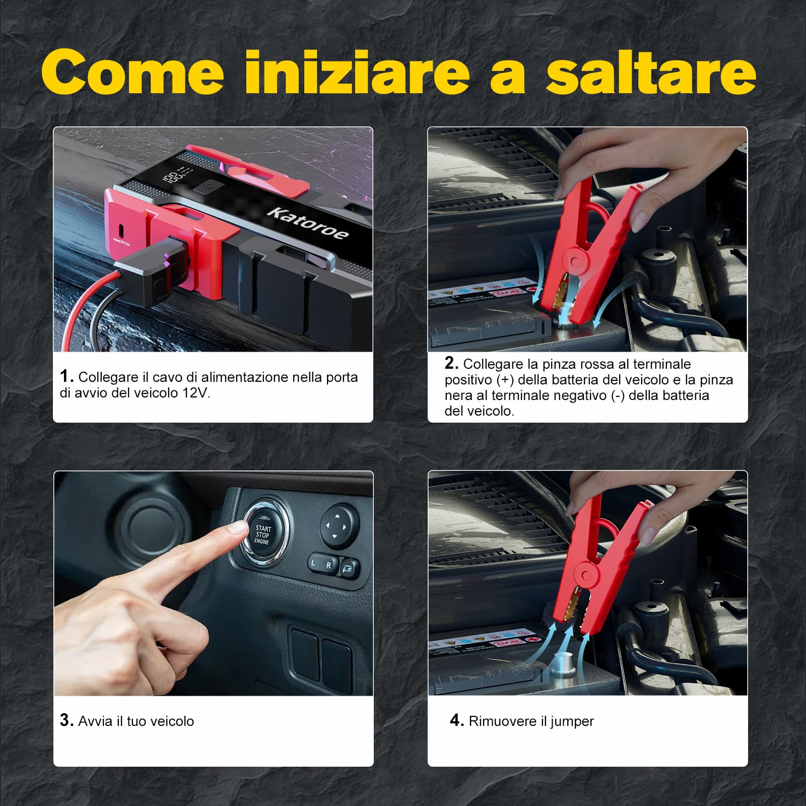 Avviatore Batteria Auto, 6000A Avviatore Emergenza per Auto/Moto per (10L Gas 8L Diesel), 12V Jump Starter Booster Avviamento Auto 400 Lumen LED/Ricarica USB-C, Display LED