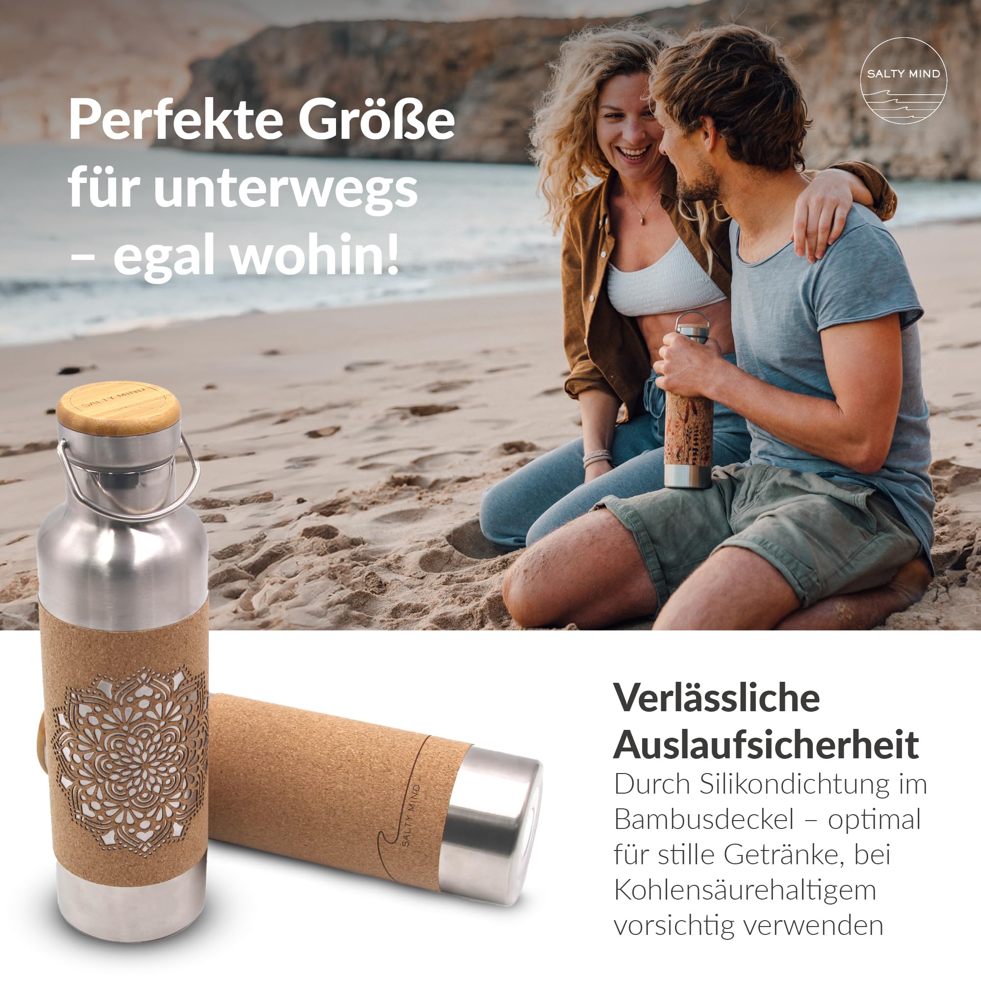 Borraccia termica in acciaio inox, 750 ml, a prova di perdite, senza sostanze nocive, insapore, senza BPA, sughero, yoga, ufficio, all'aperto (mandala + colino da tè)