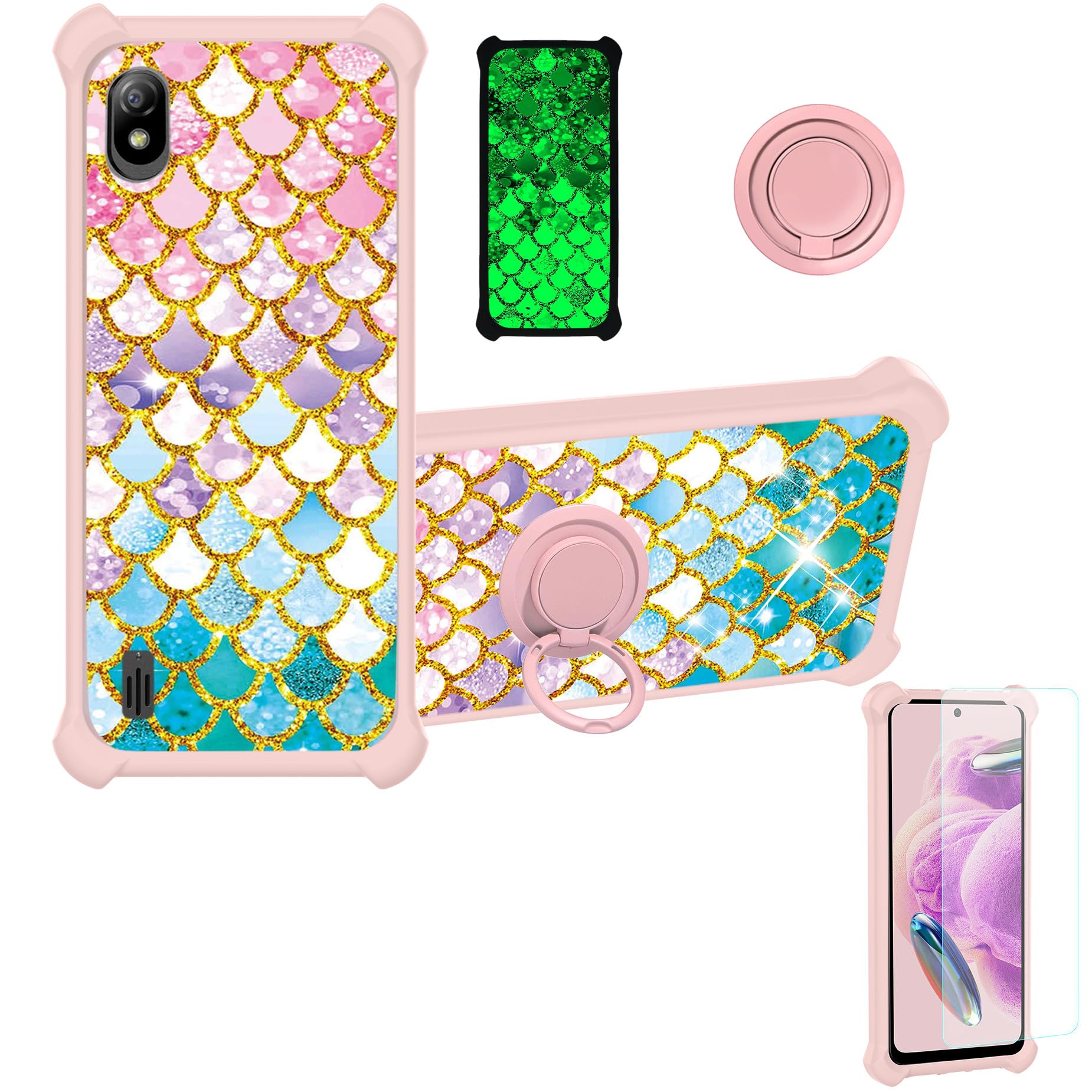Boost Bounce 4G Case Compatible with Boost Bounce 4G Phone Case SL201D Case Cover [with Tempered Glass Screen Protector][Hard PC + Soft Silicone][Ring Support] [Gold Glitter+Luminous] JSF-YL