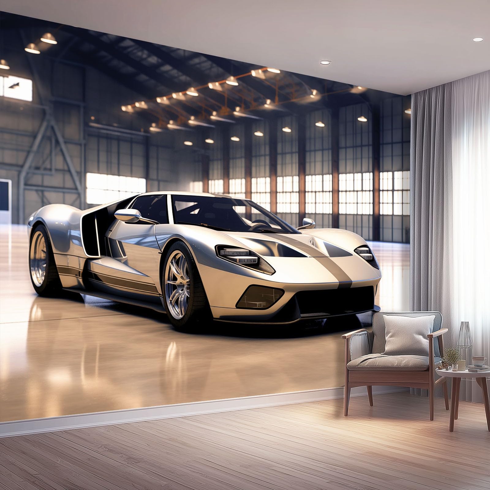 Papel pintado Coche Deportivo 200 x 140 cm, Estilo 3D Moderno Póster fotográfico mural papel pintado moderno decoración de pared sala de estar dormitorio oficina habitación infantil, Plateado