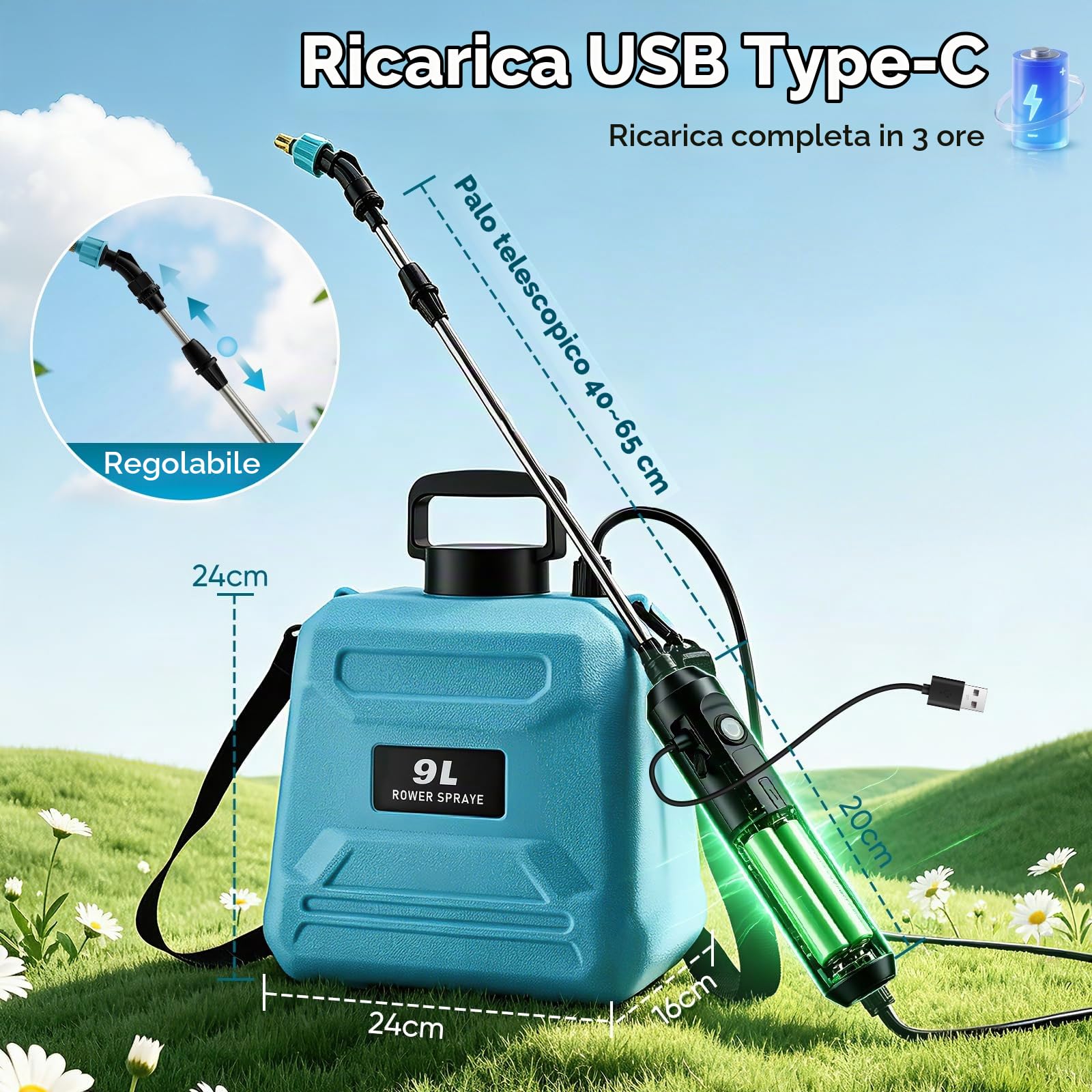 Pompa Irroratrice a Batteria 9L, Spruzzatore Elettrico, Motore Rame 1500mAh 200min, 3 Ugelli + Lancia 80cm, Ricarica USB-C, Nebulizzatore Giardino Elettrico per Piante