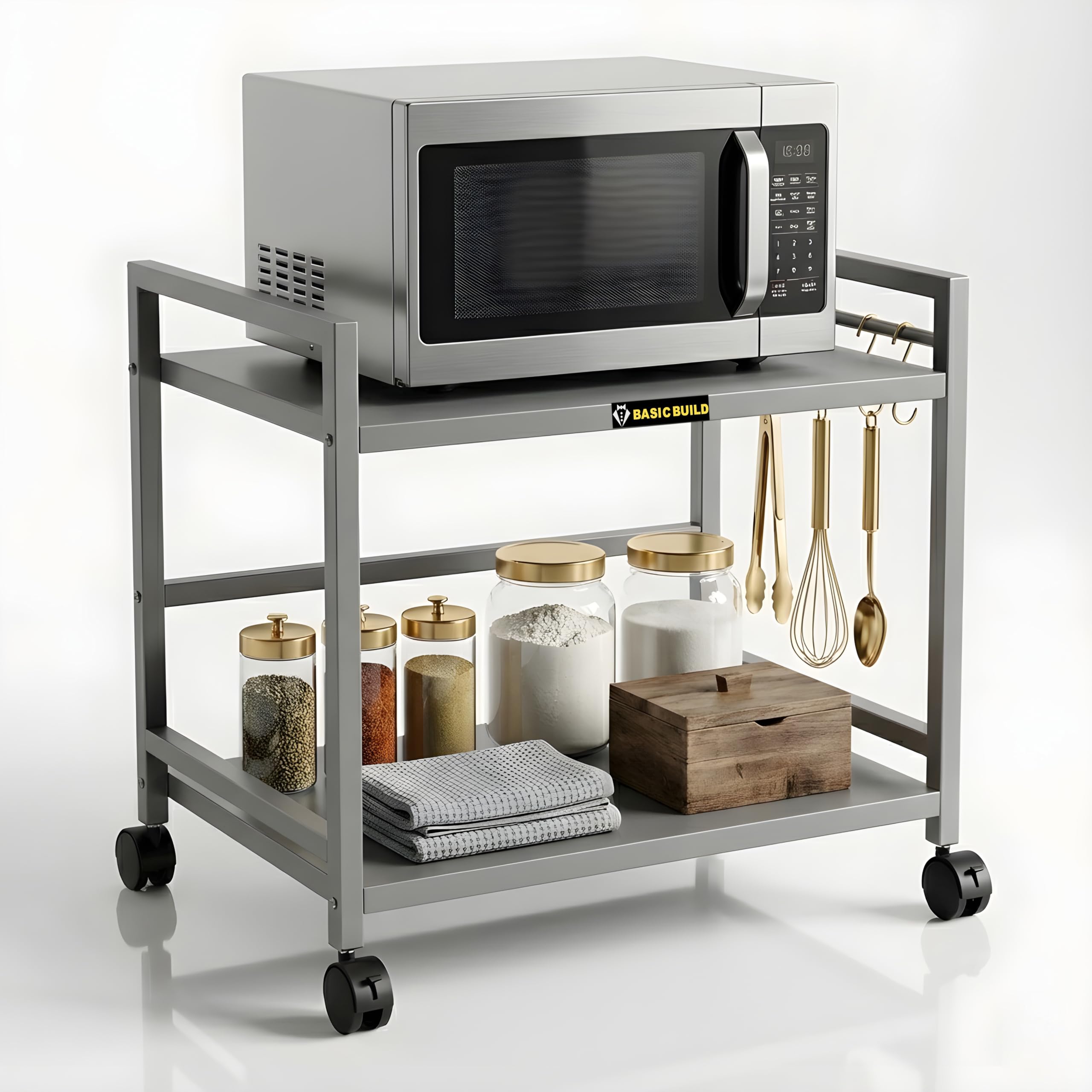 2-Tier Heavy-Duty Microwave Storage Rack | Metal Kitchen Trolley with Wheels for Oven, Mixer Grinder & Utensils (MS 2 Silver)-image-19
