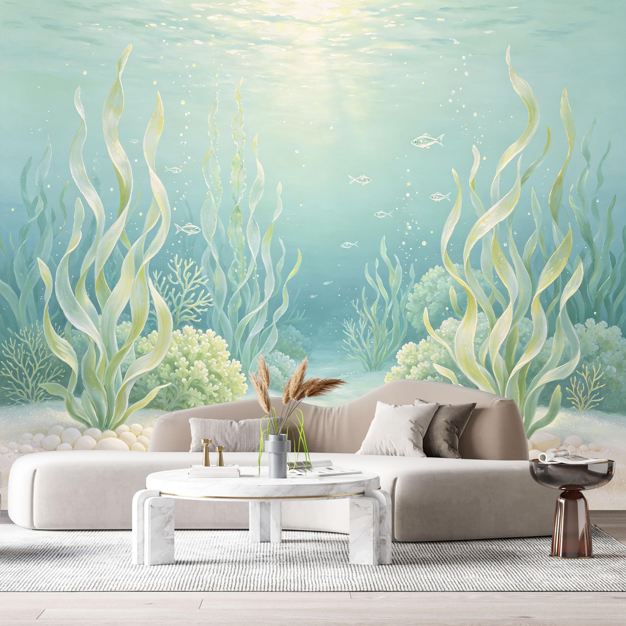 Custom Size Wall Murals Underwater Marine Ocean Watercolor Painting Kelp Coral Reef SelfAdhesiveWall Fabric Removable Wallpaper Wall Decor for Living Room Bedroom Bathroom