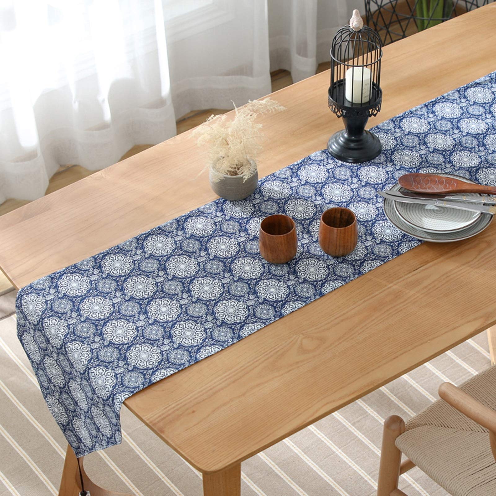 Tischläufer Baumwolle Wohnzimmer, Tischläufer Hochzeit 33x200 cm, Marineblau mit Geometrische Muster