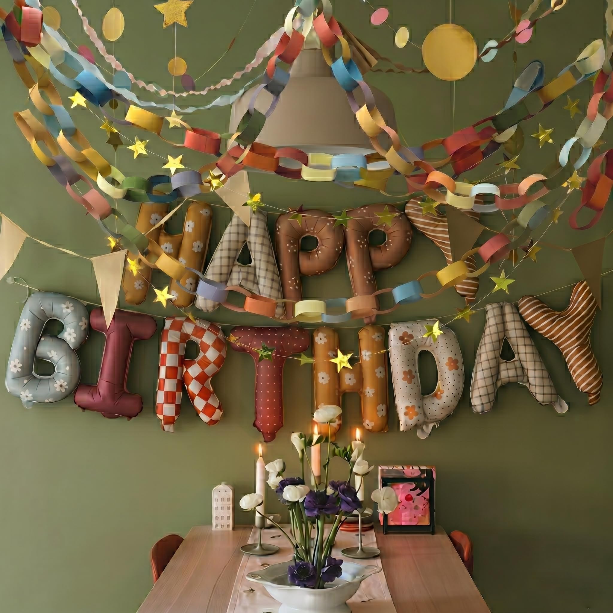 Boho Chic Birthday Decorations Set, Neutral Vintage Happy Birthday Banner Balloons, 26ft DIY Morandi Paper Chain Garland & 13ft Gold Star Bunting, Muted Palette Party Backdrop Supplies