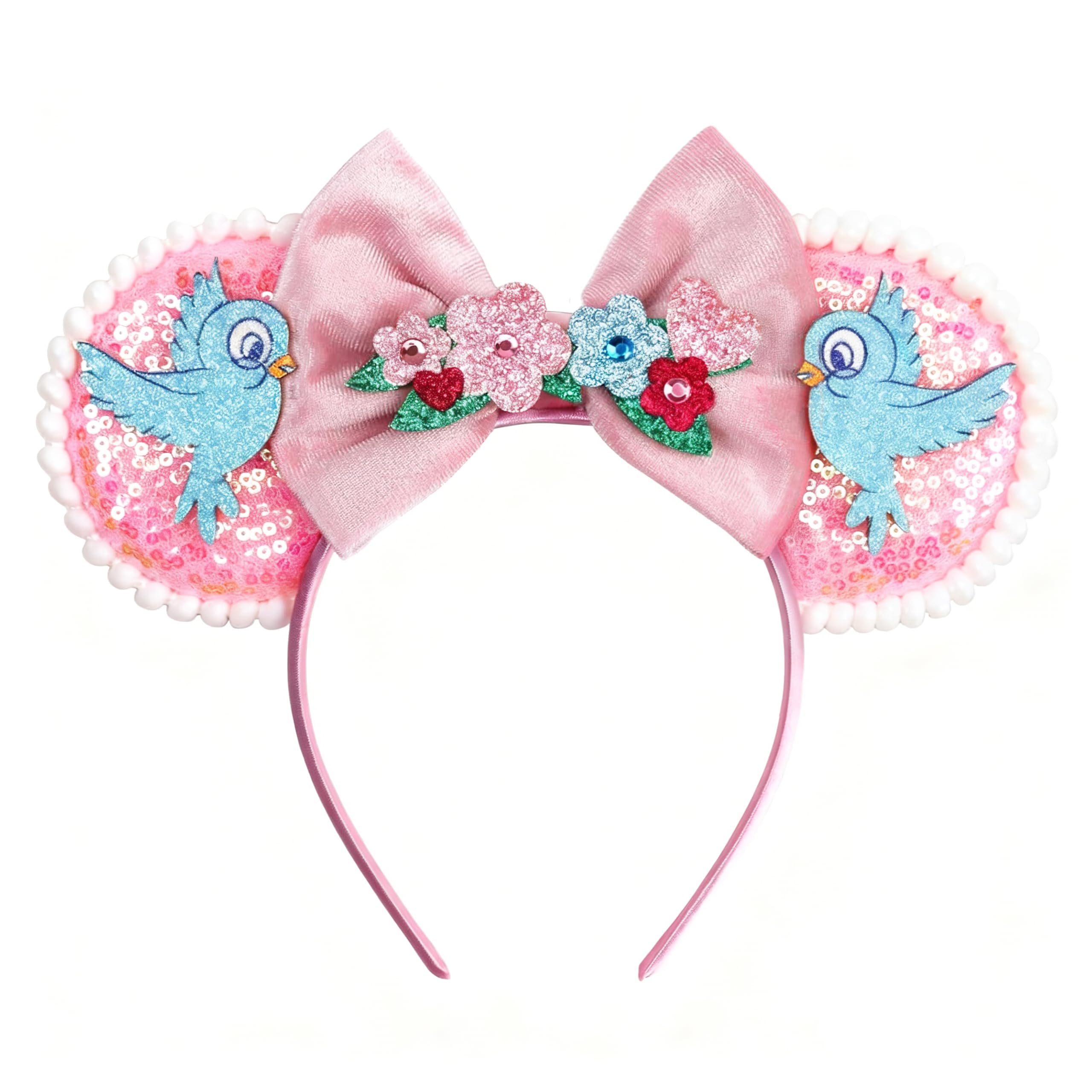 bianbaistar Pink Sequined Mouse Ear Headband with Pumpkin Coach & Blue Birds - Theme Parks and Parties
