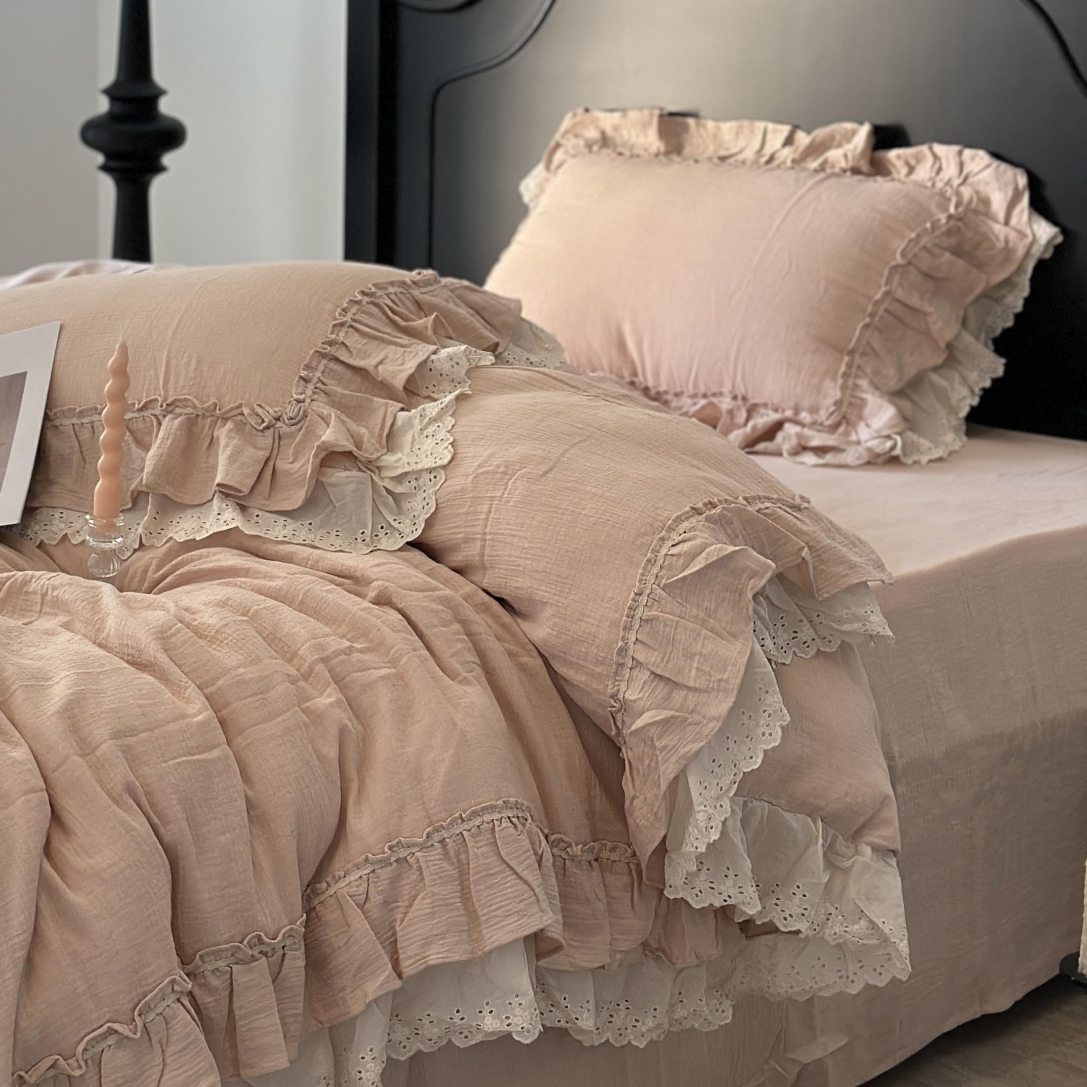 GETIYA Hellrosa Rosa Bettwäsche 135x200 Baumwolle Bettbezug Unifarben Rüschen Bettwäsche Mädchen Damen Deckenbezug Einzelbett mit Reißverschluss und 1 Kissenbezug 80x80