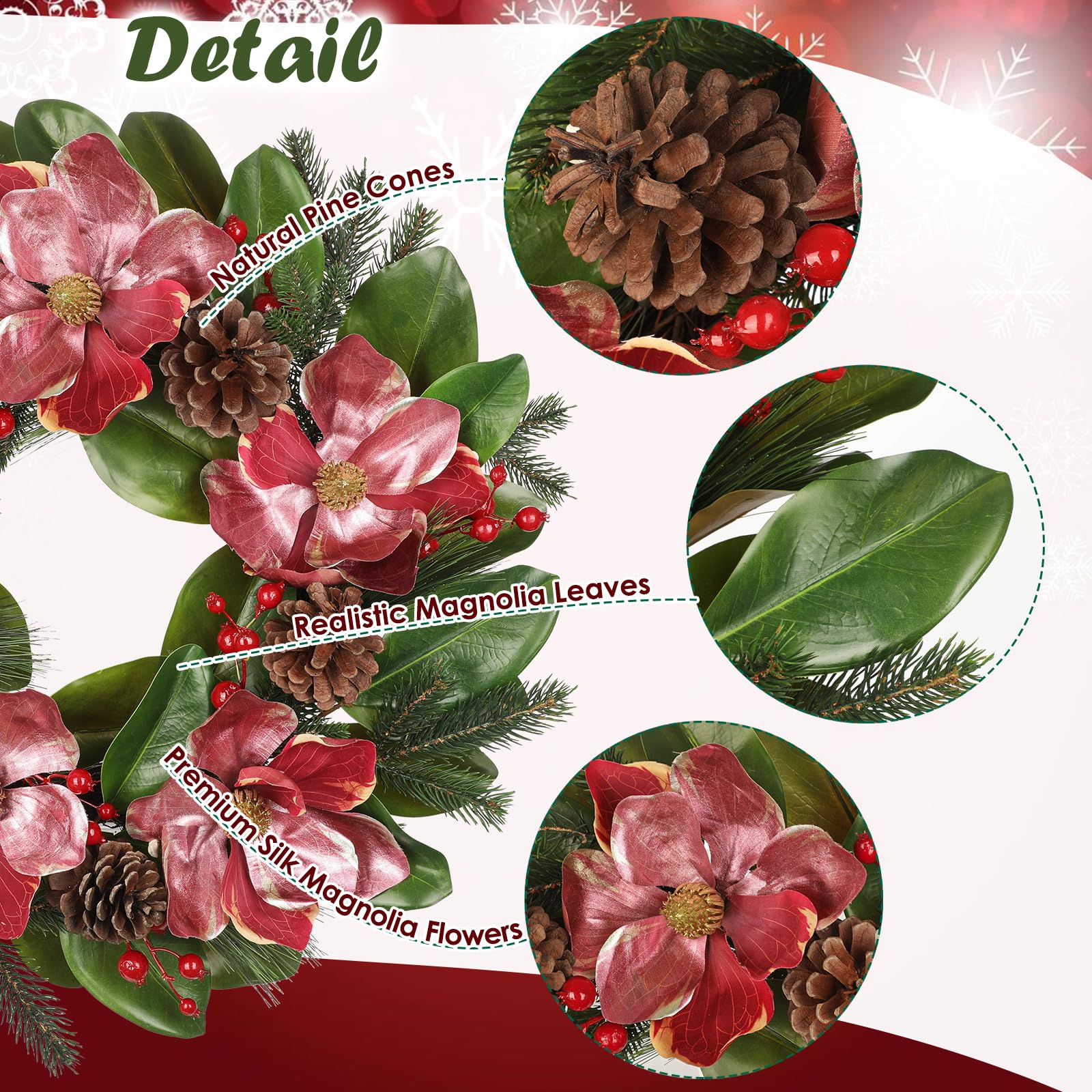61 cm Künstlicher Magnolien-Weihnachtskranz Großer Weihnachtskranz Deko mit Magnolienblüten, Tannenzweigen und Tannenzapfen für Zuhause, Wand, Fenster, Weihnachtsdekoration für drinnen und draußen