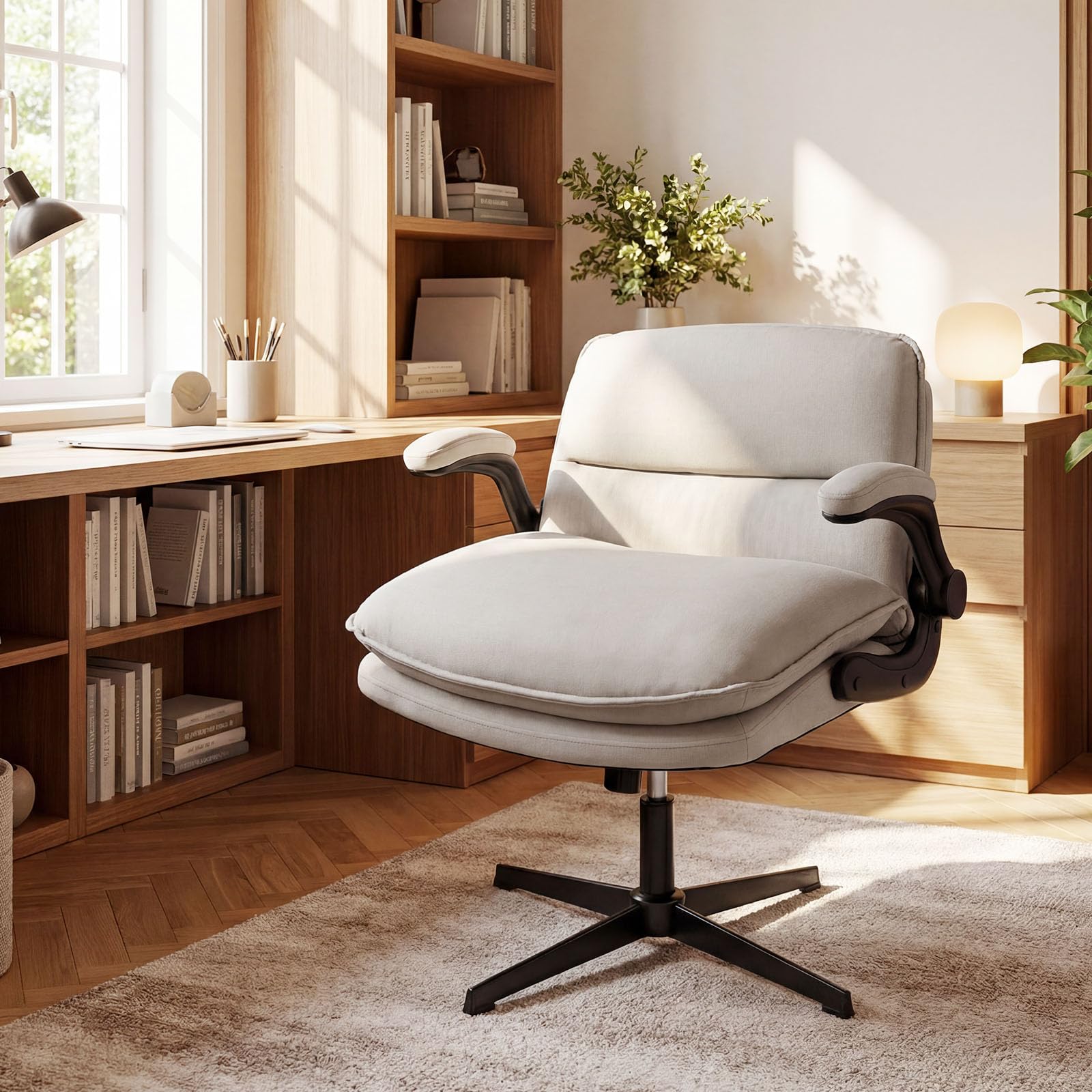 COSTWAY Silla Oficina Cuero Artificial, Reposabrazos Abatibles, Beige