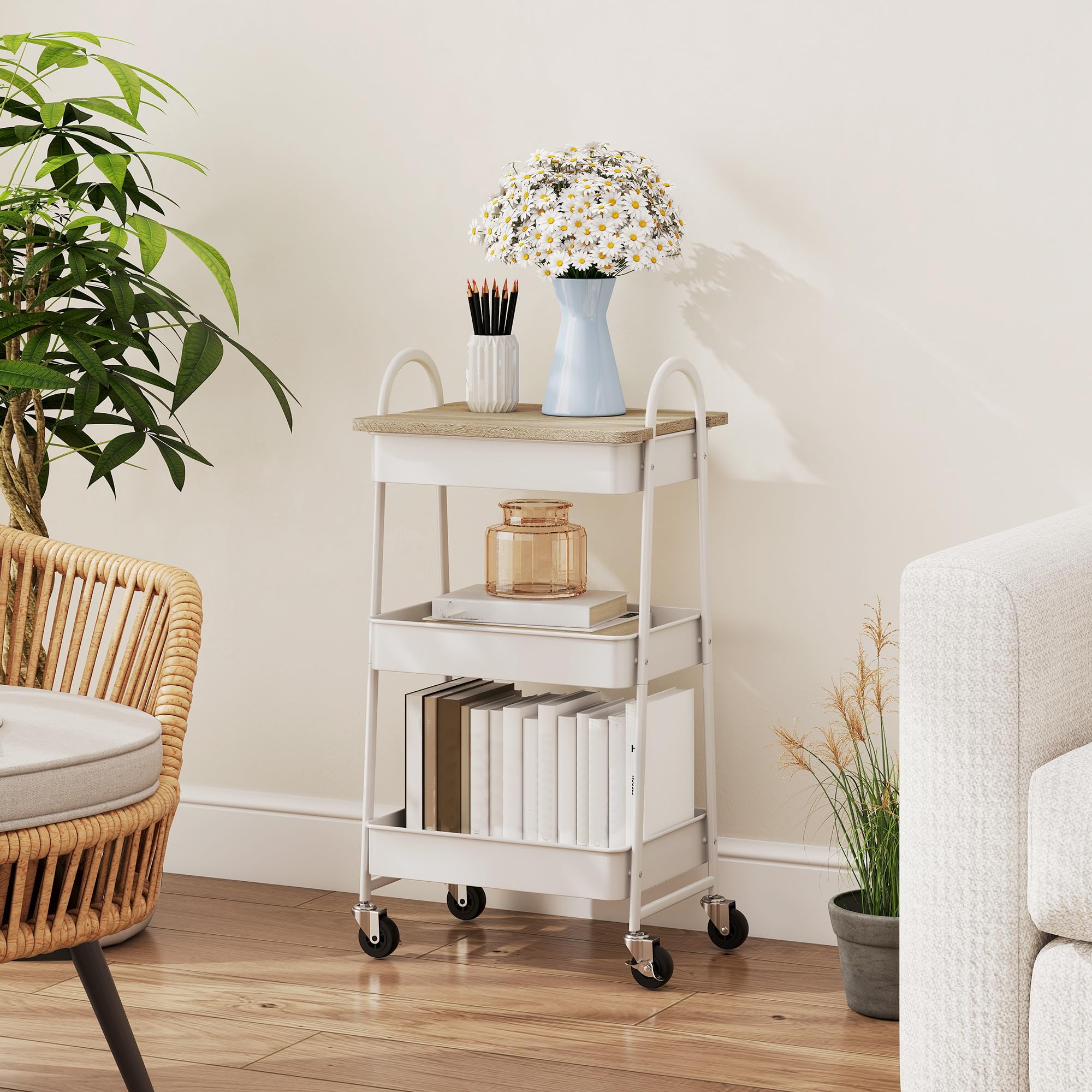 HOMCOM Desserte Cuisine, Chariot de Service à 3 Niveaux, avec Plateau supérieur, paniers en Maille, poignées, Chariot de Rangement à roulettes pour Salon, Bureau, Cuisine, 45 x 32 x 77,5 cm, chêne